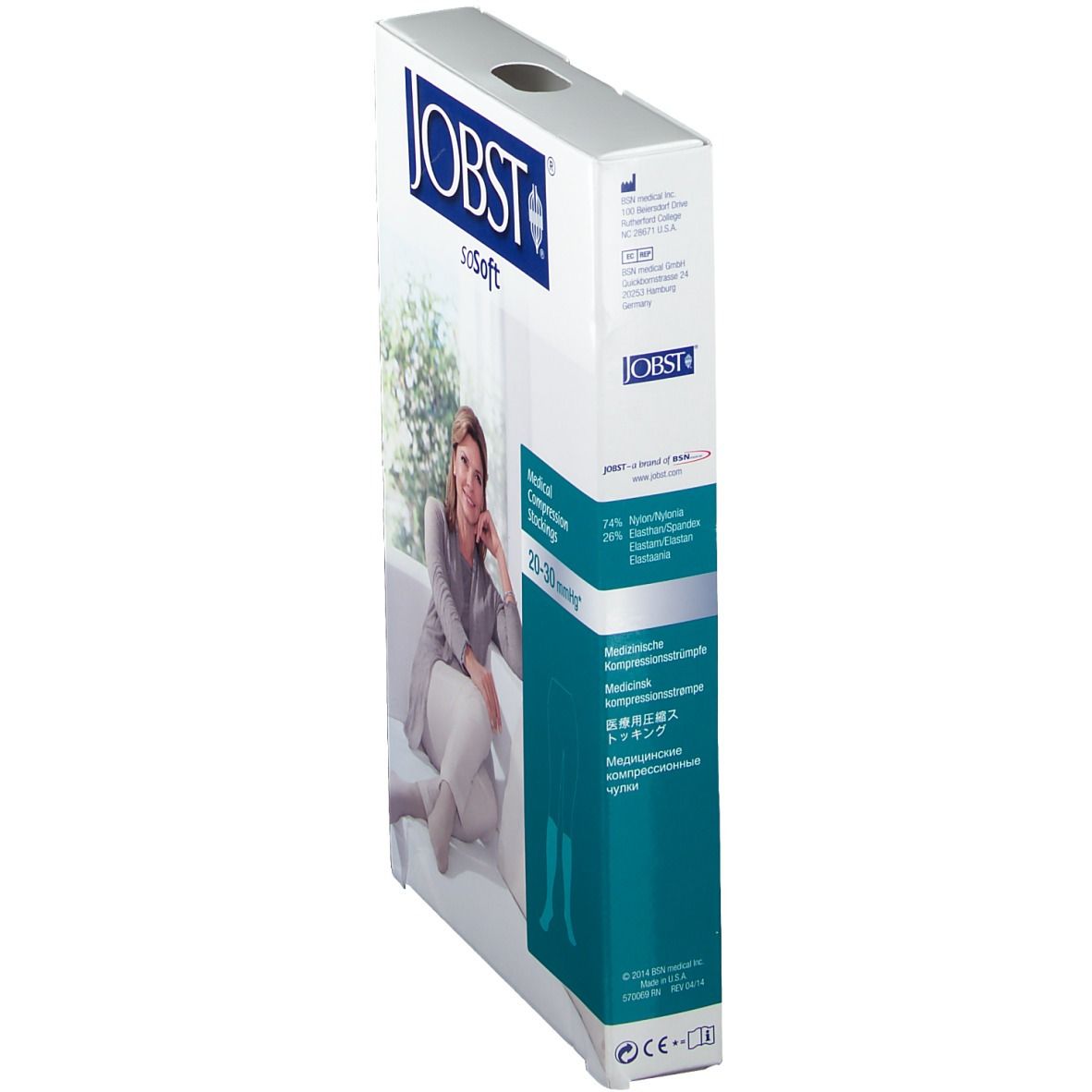 Boîte JOBST soSoft. Texte: Medical Compression Stockings 20-30 mmHg. Vue latérale.