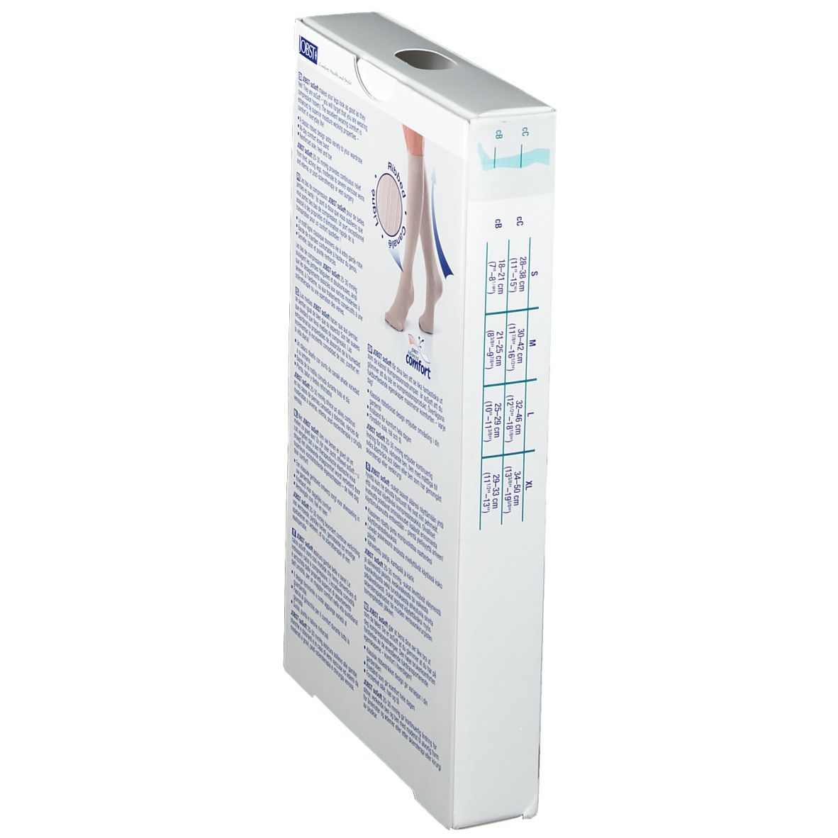 Vue latérale de la boîte JOBST soSoft. Texte et tableau des tailles.