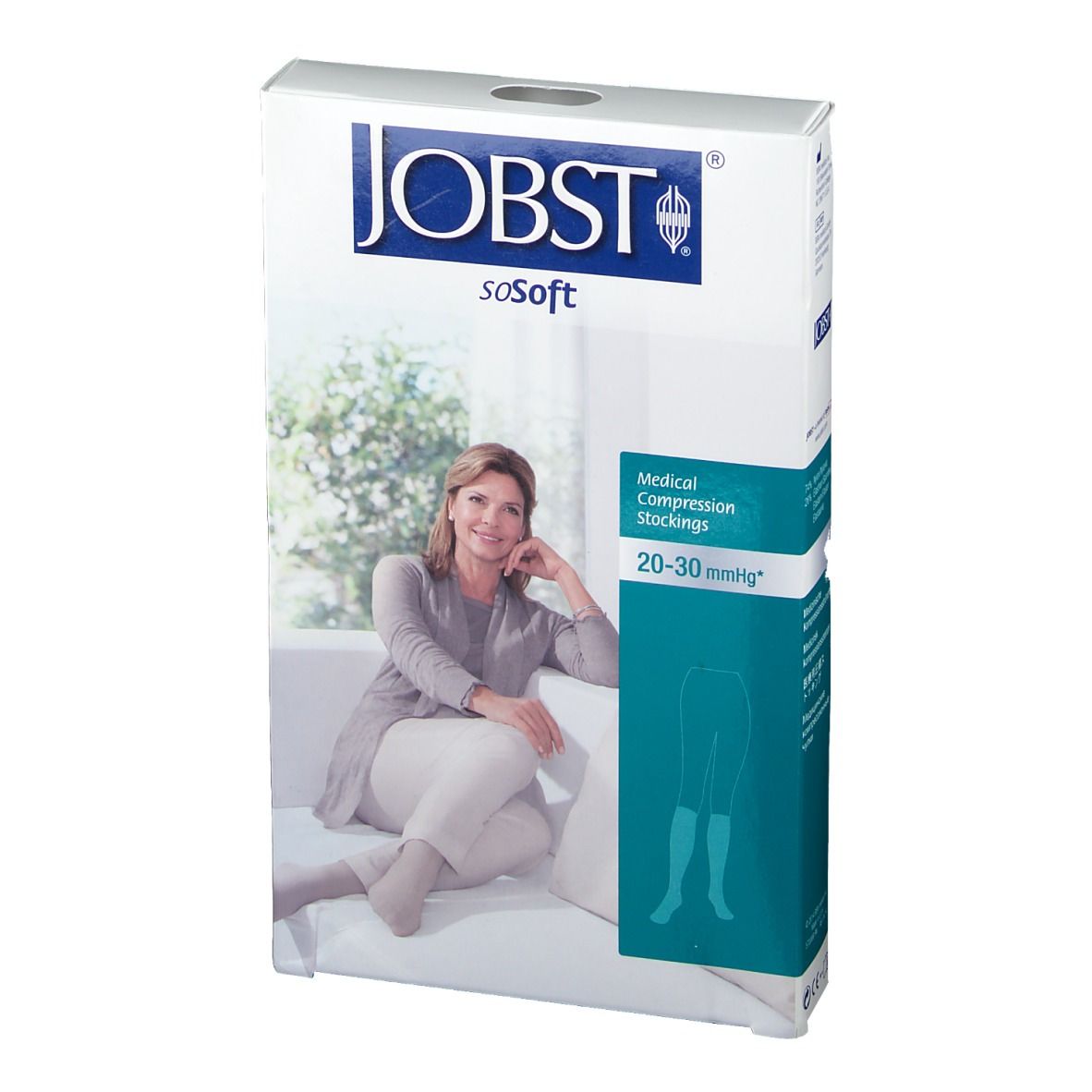 Boîte de JOBST soSoft. Texte: Medical Compression Stockings 20-30 mmHg. Femme assise sur un canapé.