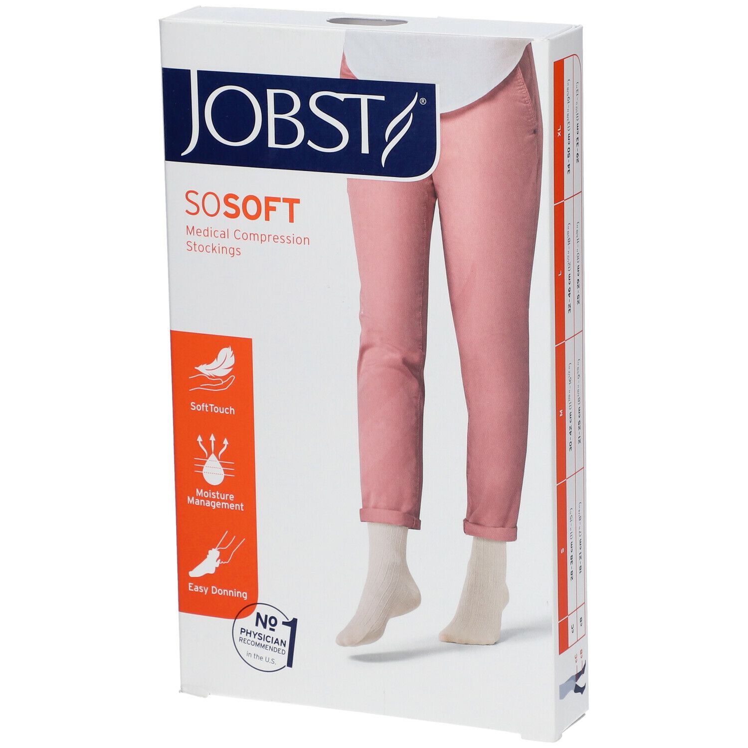 Emballage JOBST SoSoft. Image d'une personne en pantalon rose et bas blanc. Texte: Soft Touch, gestion de l'humidité, facile à enfiler.