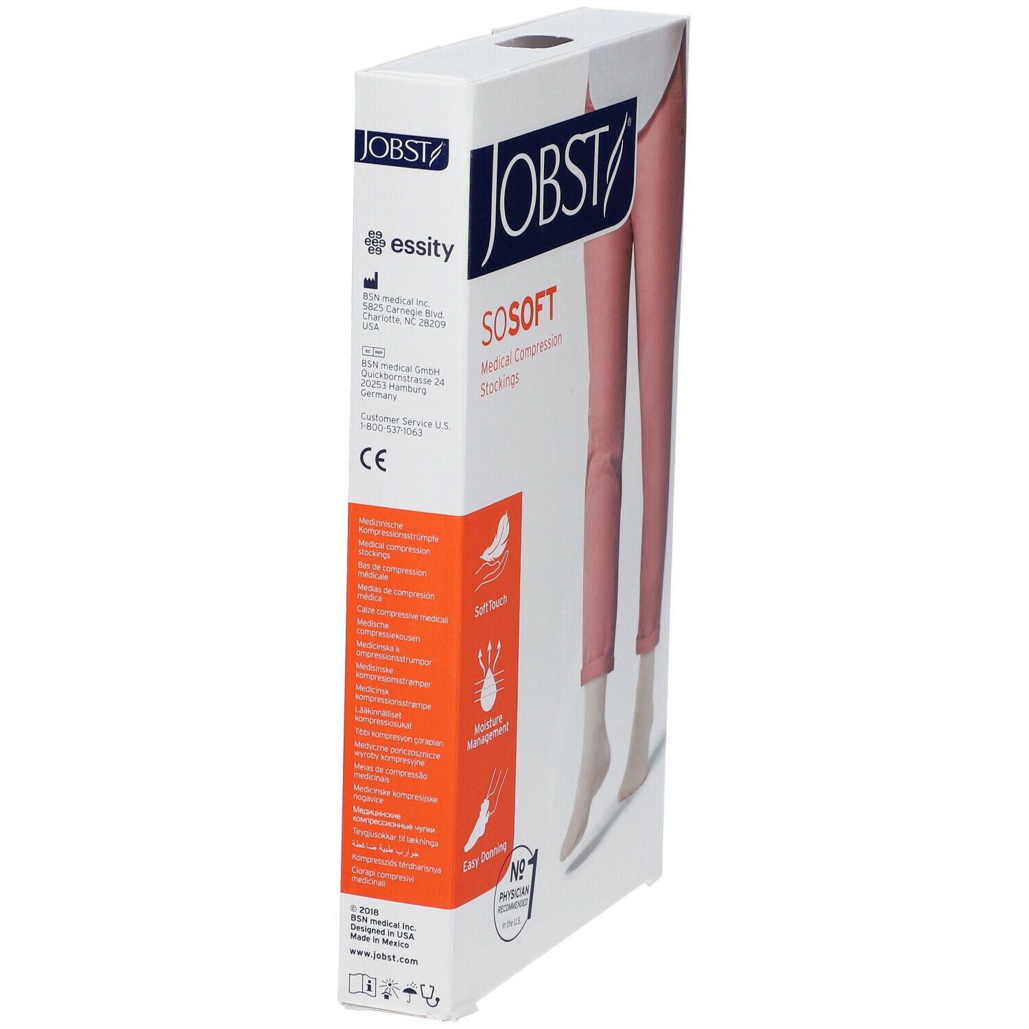 Emballage JOBST SoSoft. Vue latérale avec informations produit, marquage CE. Texte: Soft Touch, gestion de l'humidité, facile à enfiler.