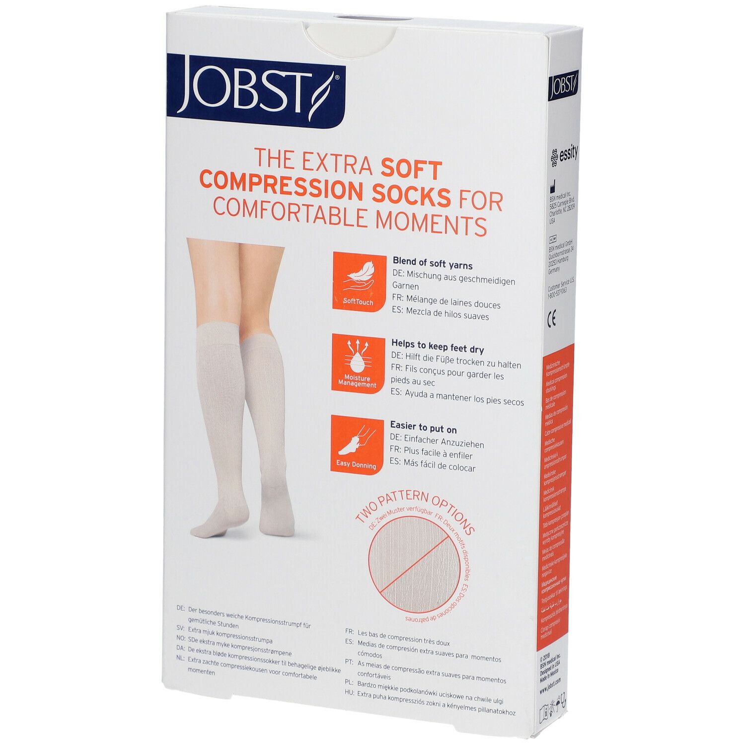 Emballage JOBST chaussettes de compression. Image de bas genou blancs. Texte: Fils doux, garde les pieds au sec, plus facile à enfiler, deux options de motifs.