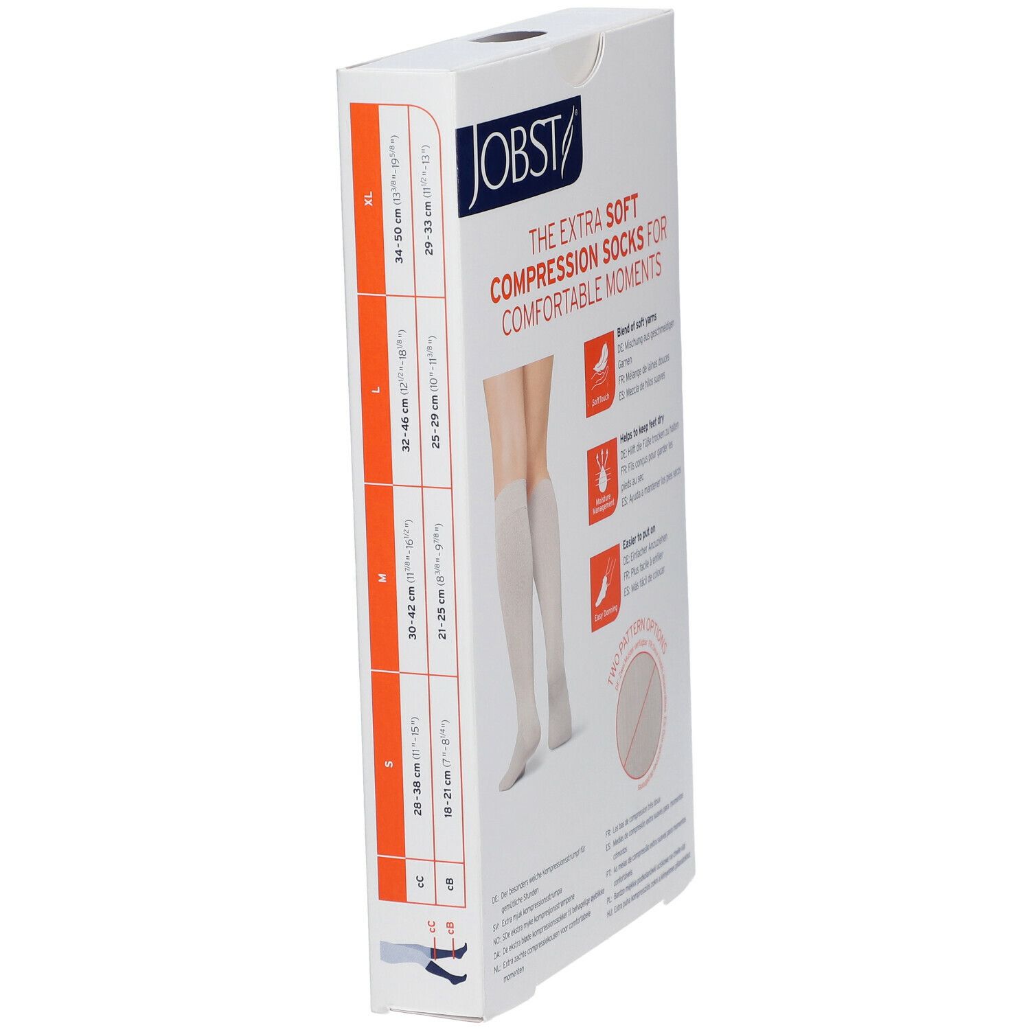 Emballage JOBST chaussettes de compression. Image de bas genou blancs. Indications de taille. Texte: Fils doux, garde les pieds au sec, plus facile à enfiler, deux options de motifs.