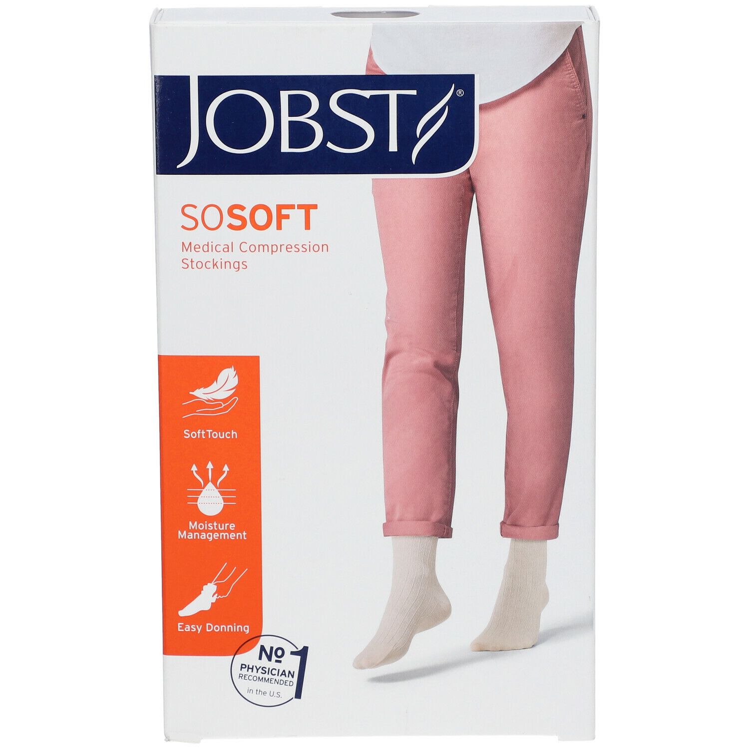 Emballage JOBST SoSoft. Image d'une personne en pantalon rose et bas blanc. Texte: Soft Touch, gestion de l'humidité, facile à enfiler. N°1 recommandé par les médecins.
