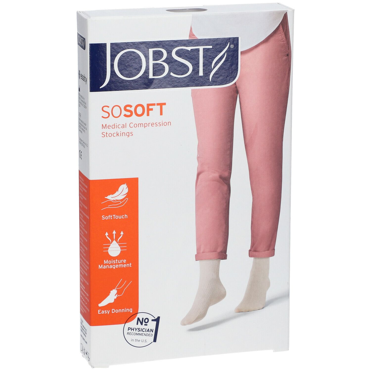 Emballage JOBST SoSoft. Image d'une personne en pantalon rose et bas blanc. Texte: Soft Touch, gestion de l'humidité, facile à enfiler. N°1 recommandé par les médecins.