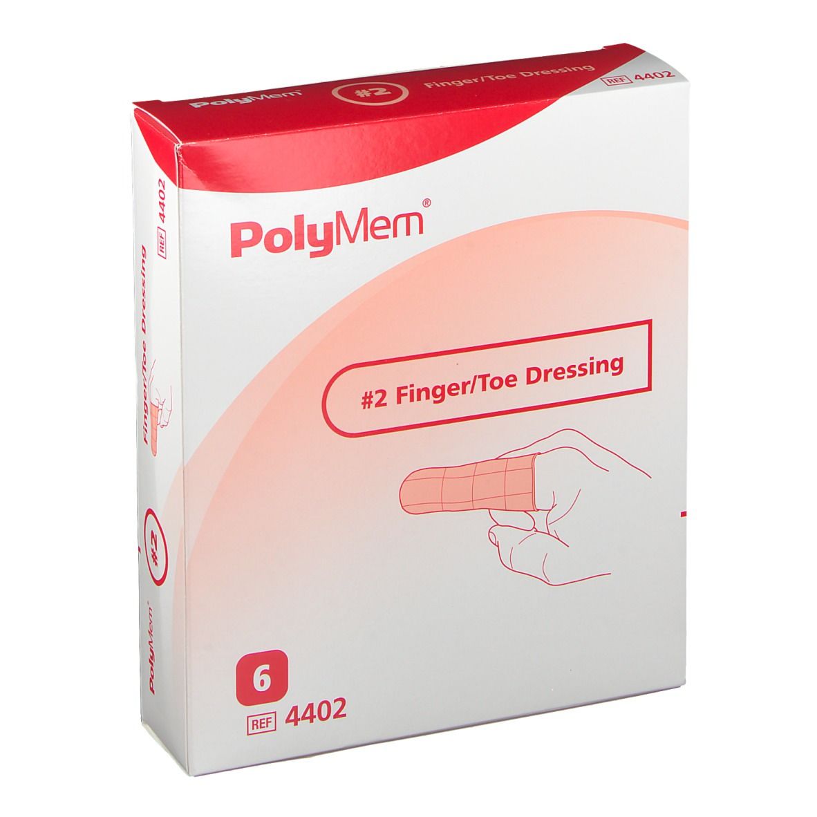 Boîte de pansements pour doigts/orteils. Marque PolyMem. Contient 6 unités. Réf. 4402. Illustration du produit.