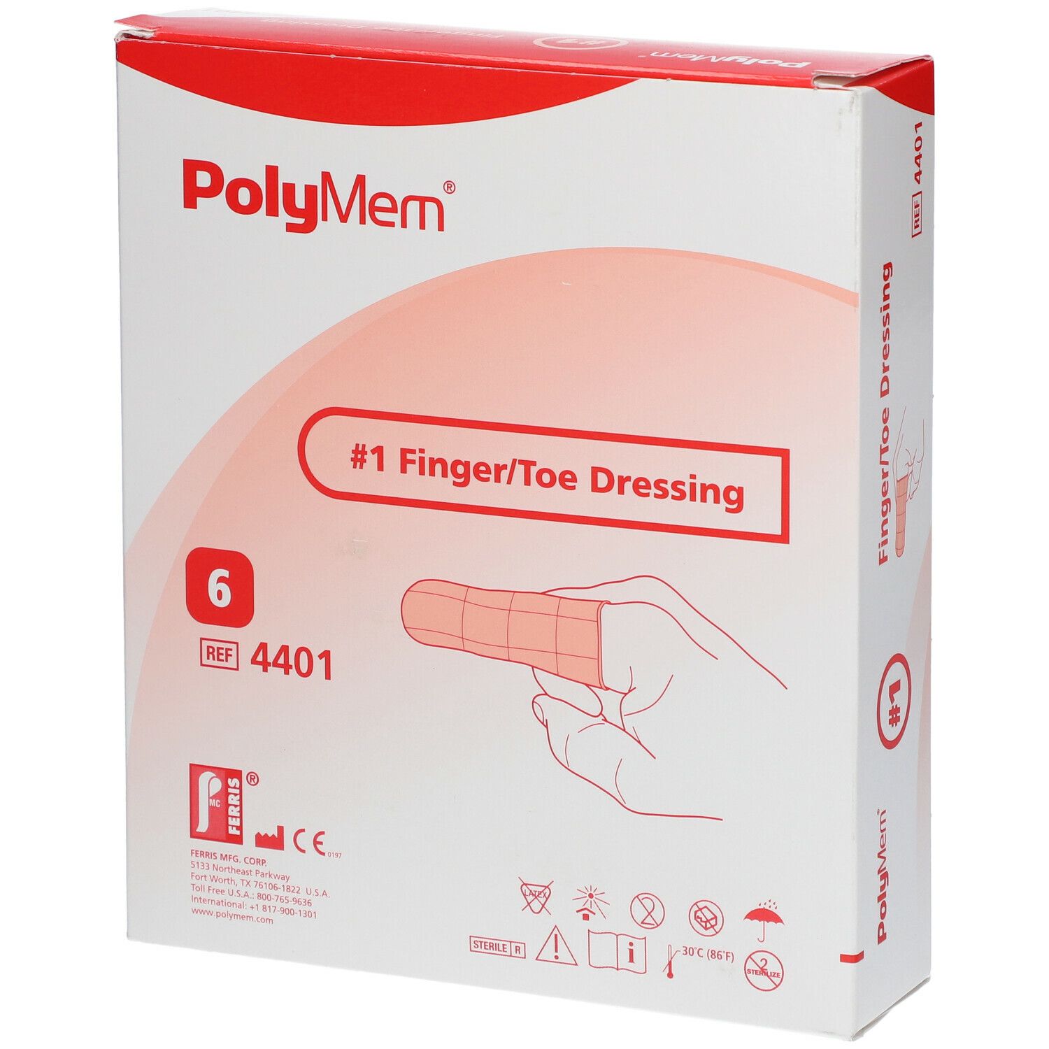 Verpakking Polymem Finger/Toe Dressing. Bevat 6 stuks. Opschrift: #1 Finger/Toe Dressing. CE-markering zichtbaar.