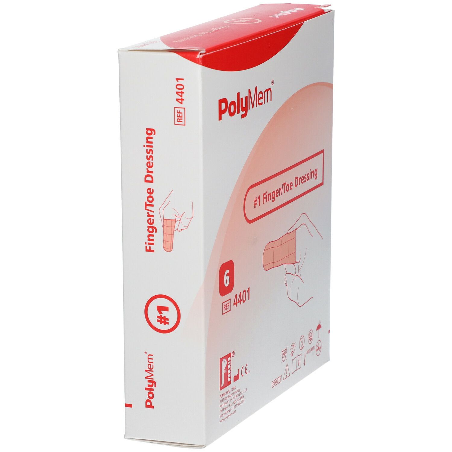 Schuine verpakking Polymem Finger/Toe Dressing. Opschrift: #1 Finger/Toe Dressing. Bevat 6 stuks.