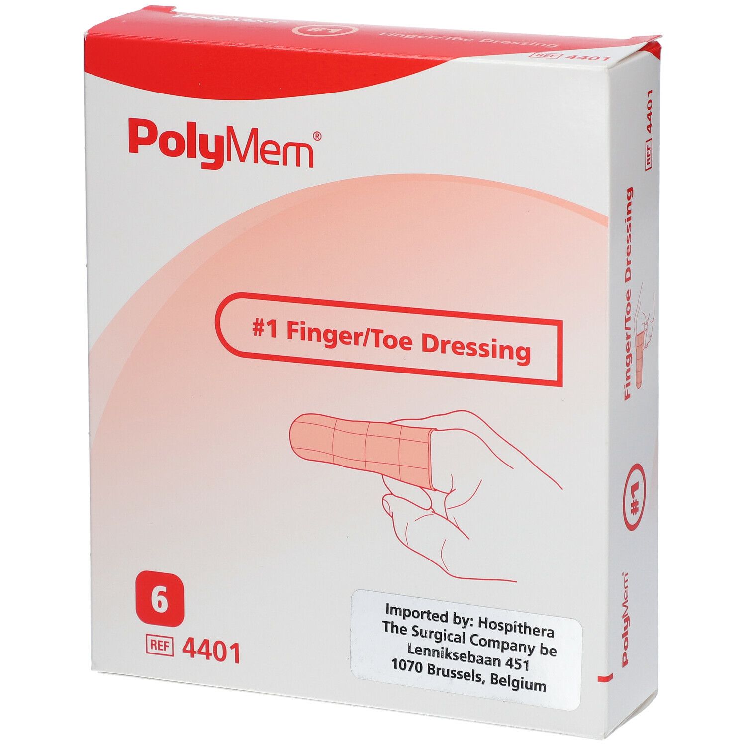 Verpakking Polymem Finger/Toe Dressing. Bevat 6 stuks. Opschrift: #1 Finger/Toe Dressing. Met importeursadres.