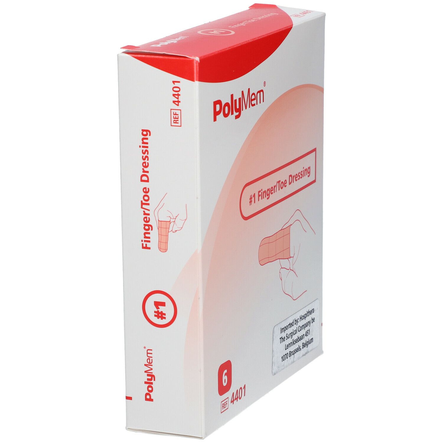 Schuine verpakking Polymem Finger/Toe Dressing. Opschrift: #1 Finger/Toe Dressing. Bevat 6 stuks.