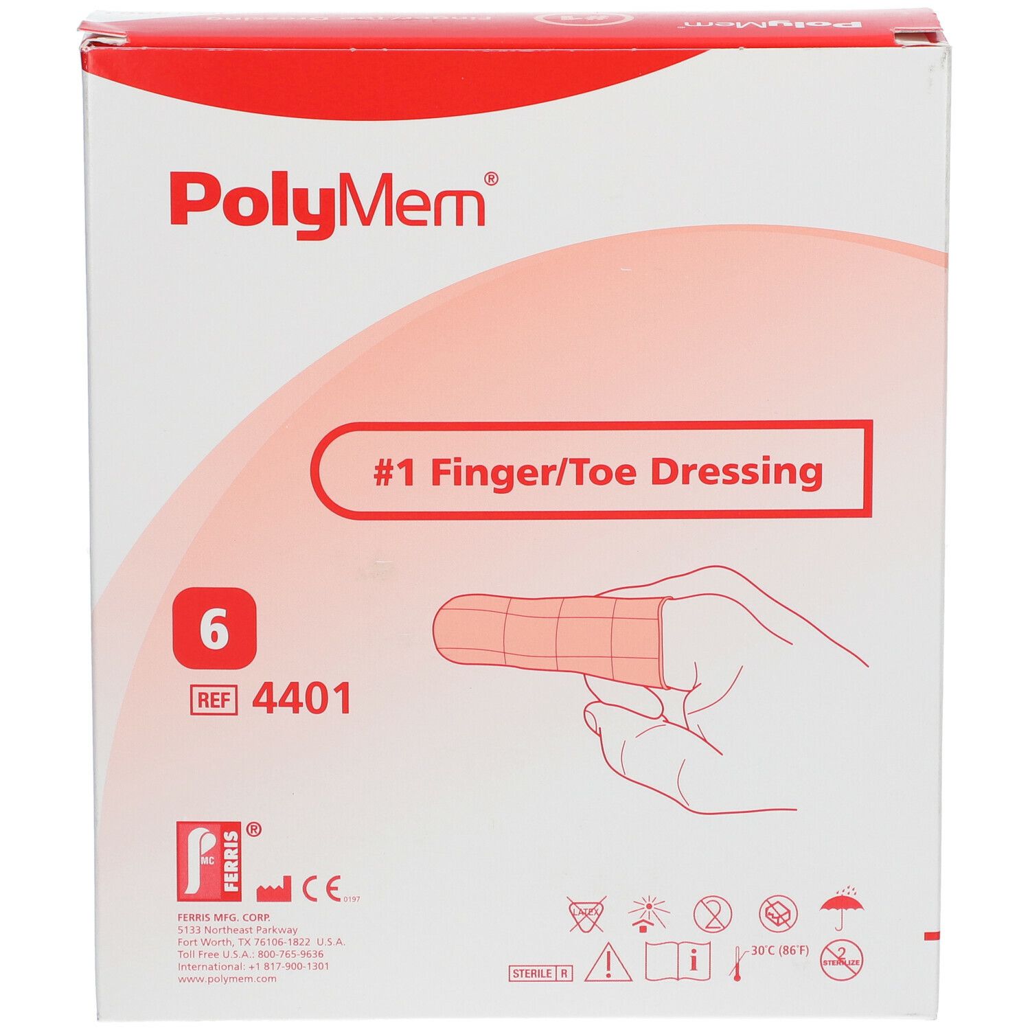 Verpakking Polymem Finger/Toe Dressing. Bevat 6 stuks. Opschrift: #1 Finger/Toe Dressing. CE-markering zichtbaar.