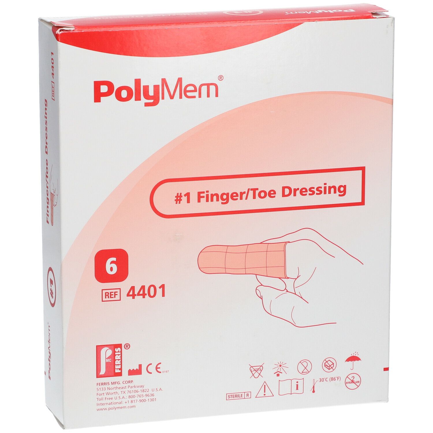 Verpakking Polymem Finger/Toe Dressing. Bevat 6 stuks. Opschrift: #1 Finger/Toe Dressing. CE-markering zichtbaar.