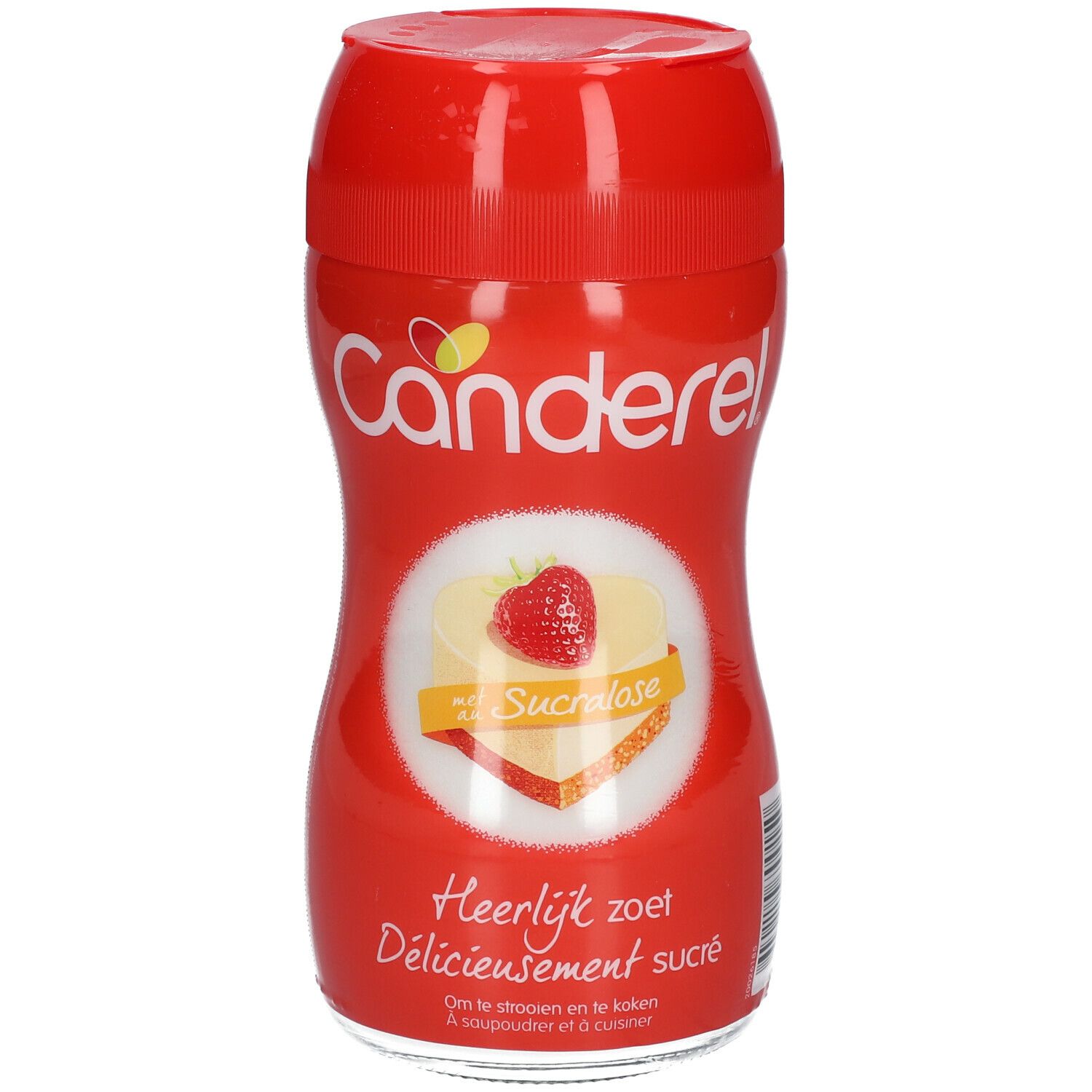 Boîte rouge CANDEREL® avec fraise et inscription Sucralose. Inscription: Heerlijk zoet, Délicieusement sucré.