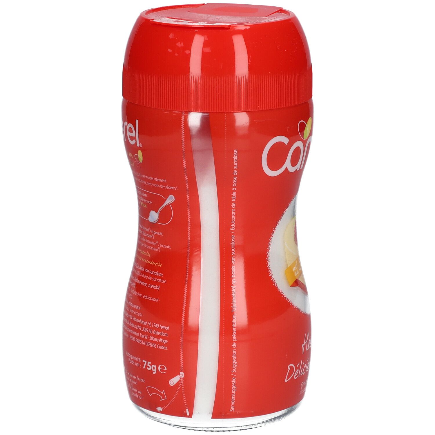 Vue latérale de la boîte rouge CANDEREL®. Texte et illustration d'une cuillère. Inscription: 75g e.