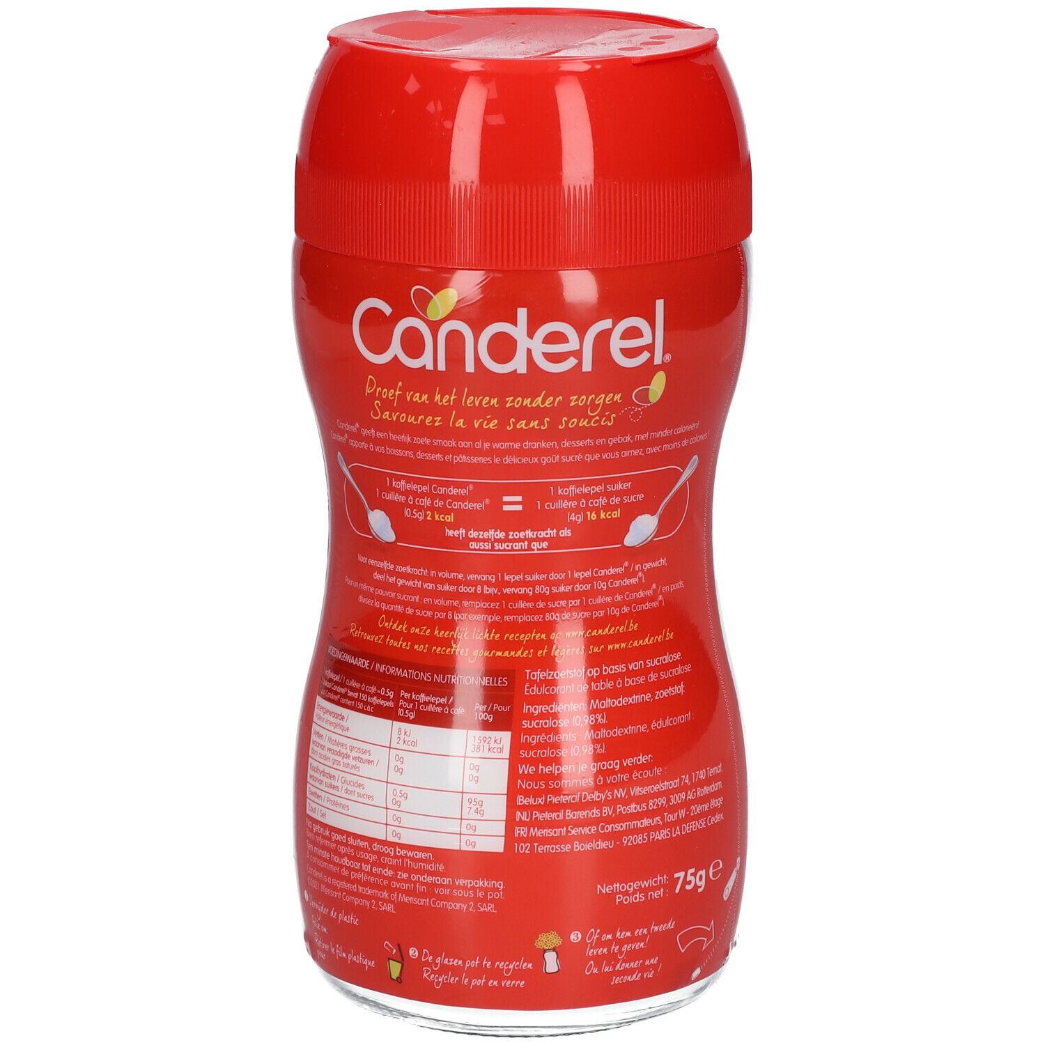 Boîte rouge CANDEREL® avec texte et informations nutritionnelles. Inscription: 75g e.