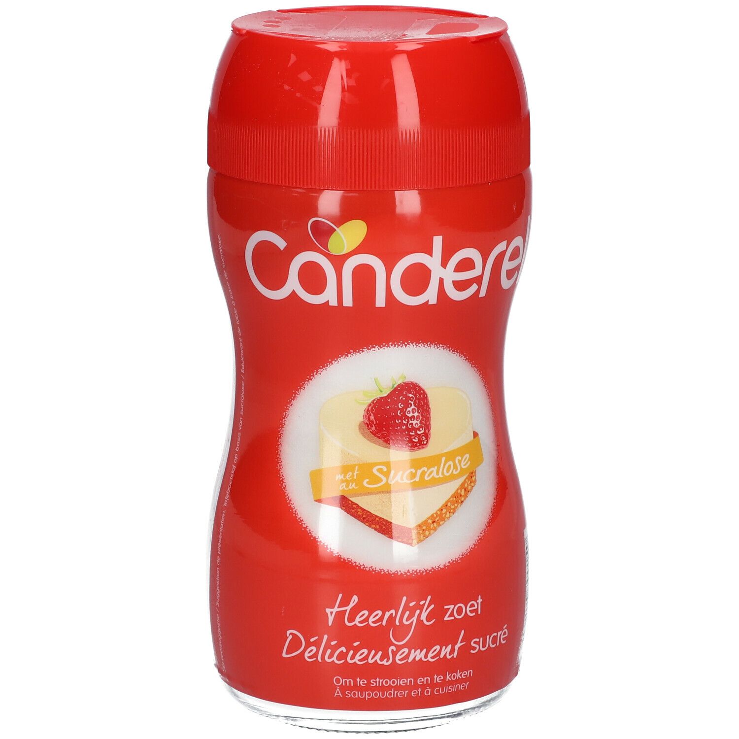 Boîte rouge CANDEREL® avec fraise et inscription Sucralose. Inscription: Heerlijk zoet, Délicieusement sucré.