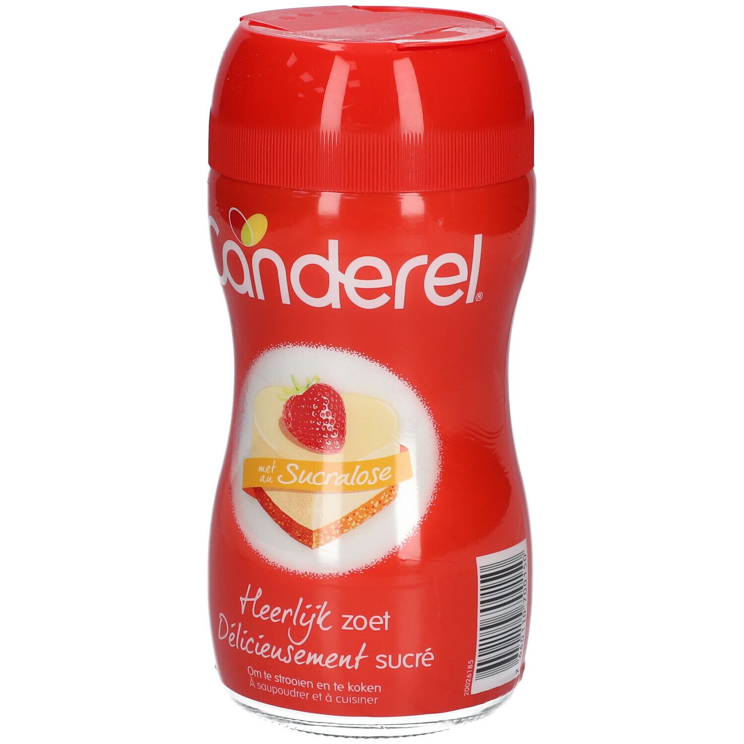 Boîte rouge CANDEREL® avec fraise et inscription Sucralose. Inscription: Heerlijk zoet, Délicieusement sucré.