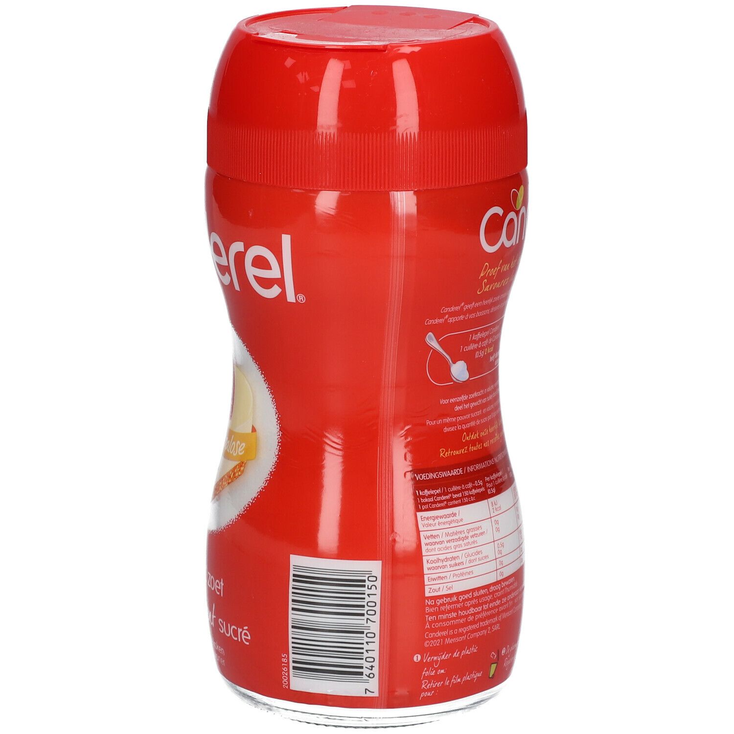 Vue latérale de la boîte rouge CANDEREL®. Texte et informations nutritionnelles. Inscription: 75g e.