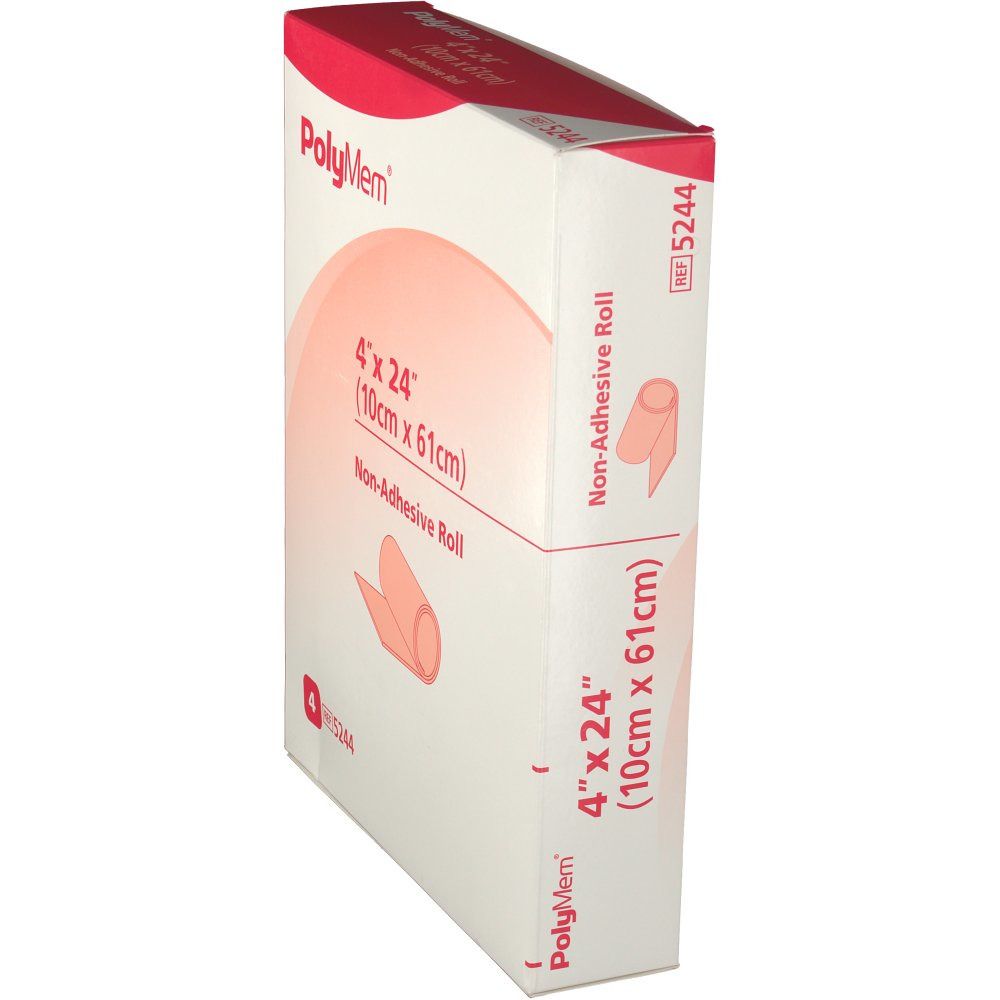 Vue latérale de la boîte de pansement Polymem®. Dimensions : 10cm x 61cm. Inscription : Non-Adhesive Roll.