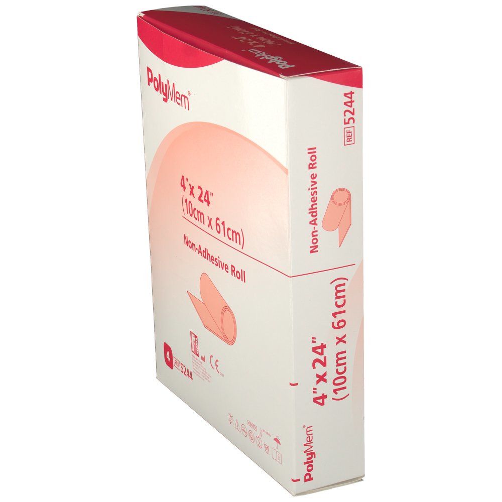 Vue latérale de la boîte de pansement Polymem®. Dimensions : 10cm x 61cm. Inscription : Non-Adhesive Roll. Avec marquage CE.