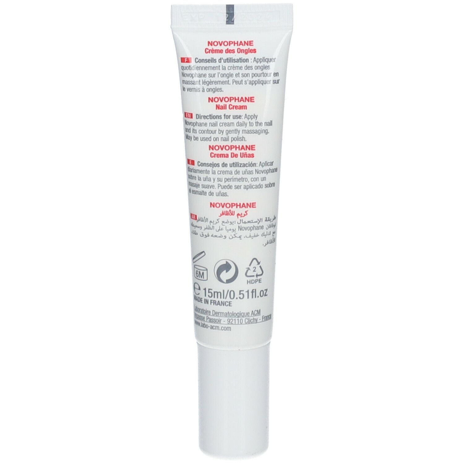Dos du tube de crème. Texte: Novophane Crème des Ongles. Instructions d'utilisation en plusieurs langues. 15 ml.