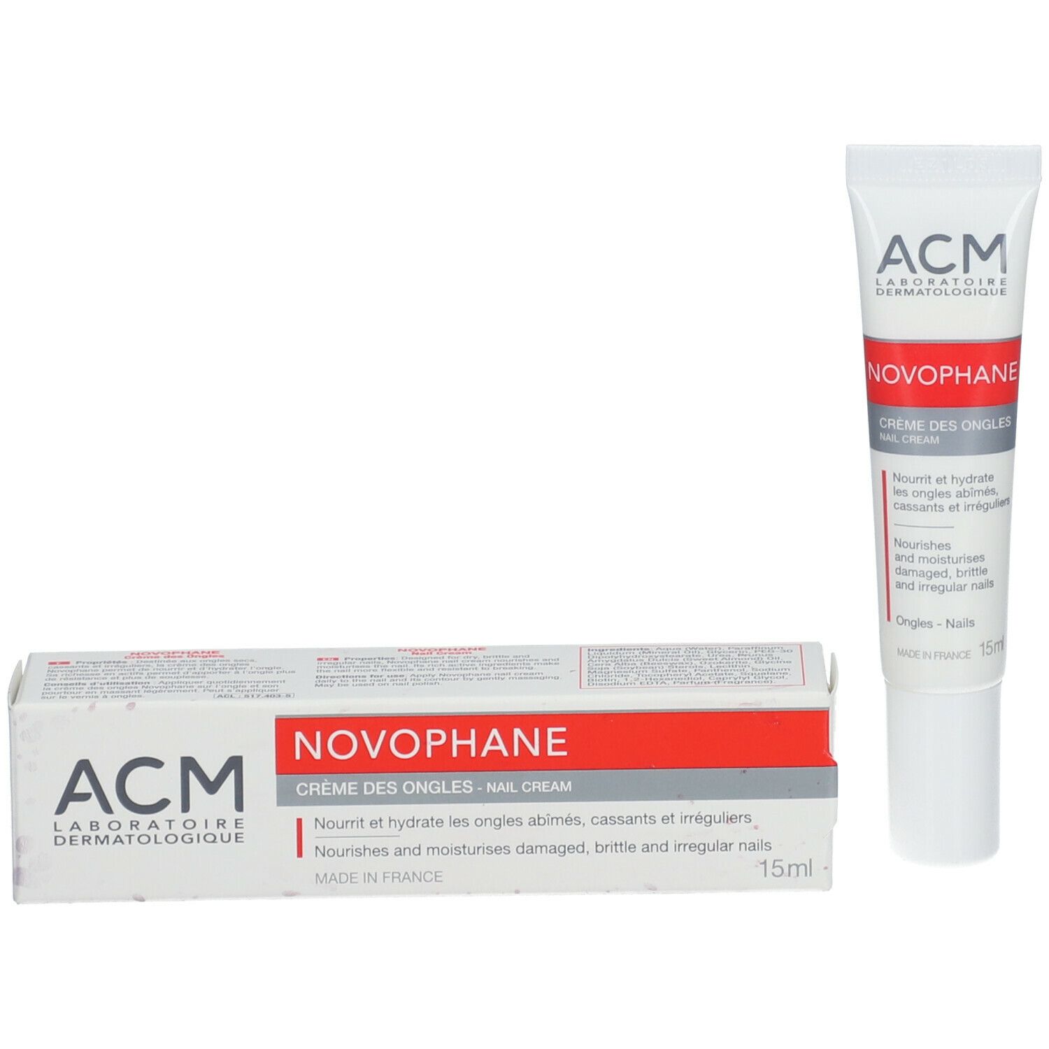 Boîte et tube ACM Novophane Crème des Ongles. Boîte avec bande rouge. Tube blanc avec lettrage rouge et gris. 15 ml.