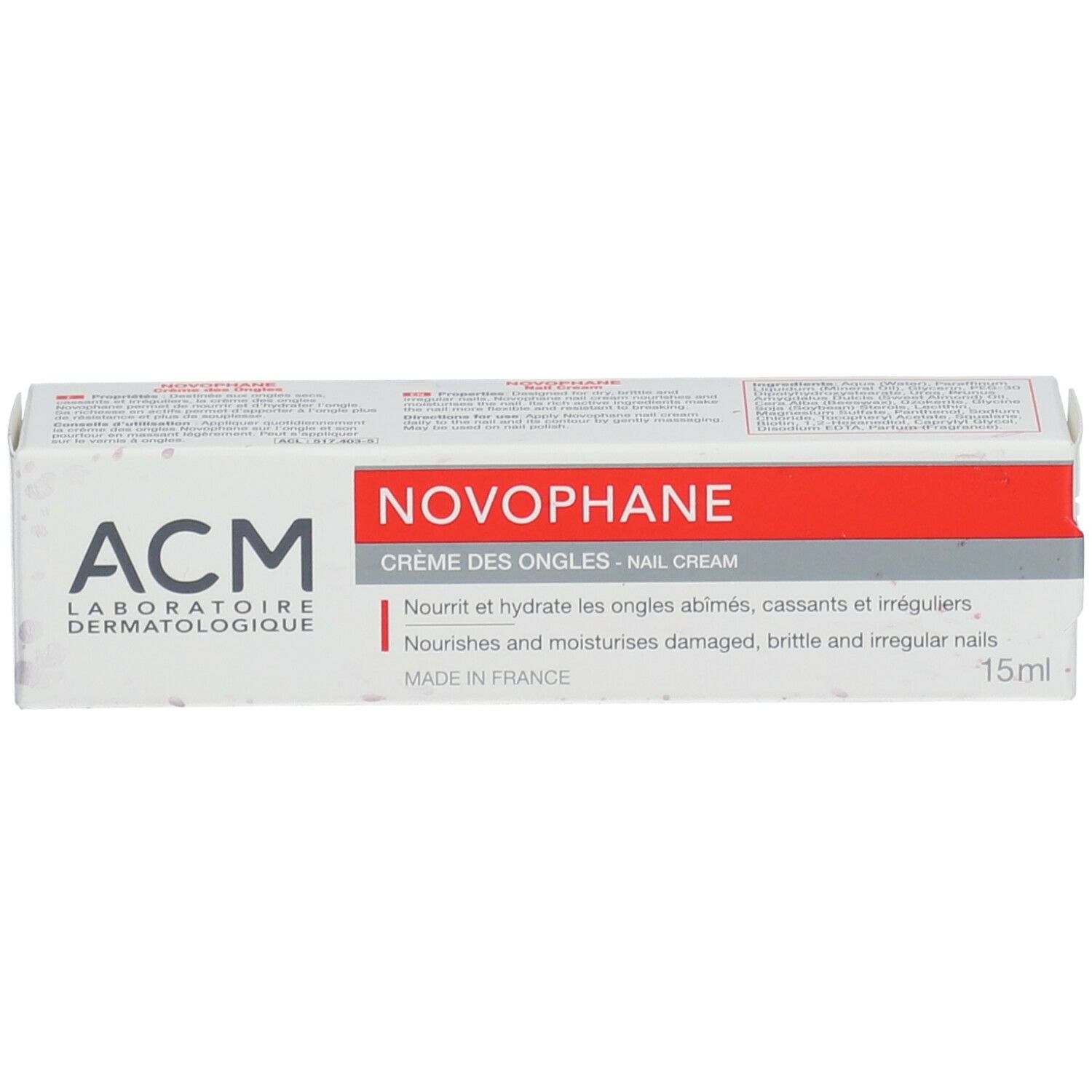 Boîte ACM Novophane Crème des Ongles. Bande rouge avec nom du produit. Texte: 15 ml. Blanc avec lettrage rouge et gris.