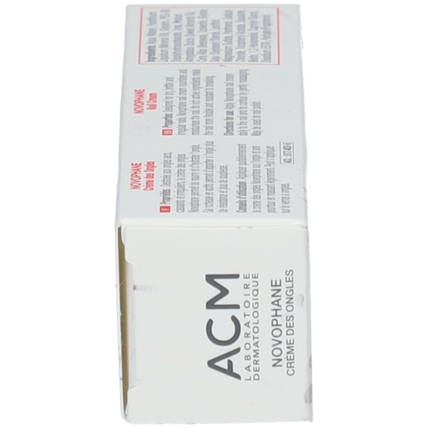 Boîte ACM Novophane Crème des Ongles. Vue latérale. Texte et logos. Blanc avec lettrage rouge et gris.