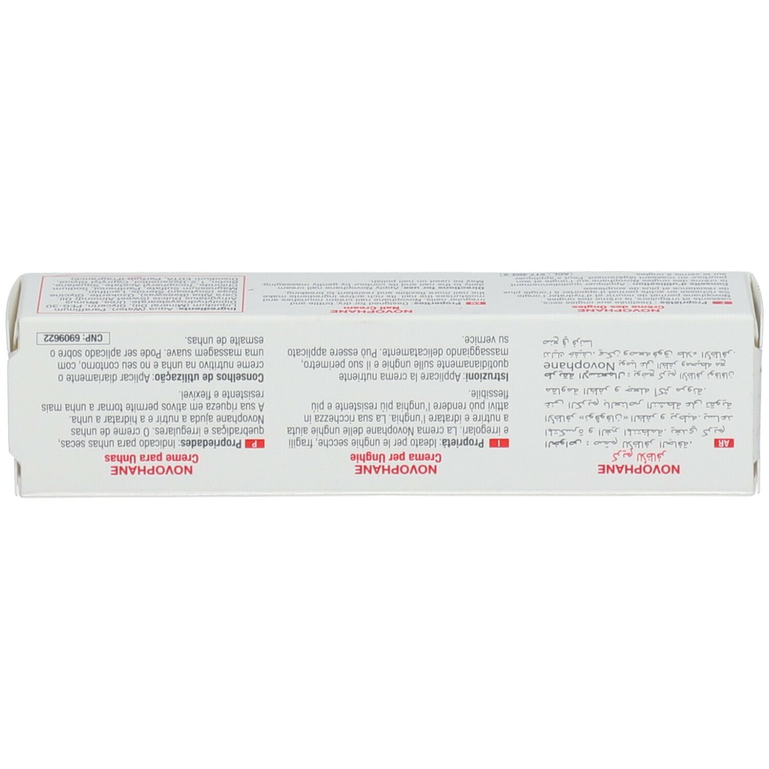 Boîte ACM Novophane Crème des Ongles. Dos avec texte en plusieurs langues. Blanc avec lettrage rouge et gris.