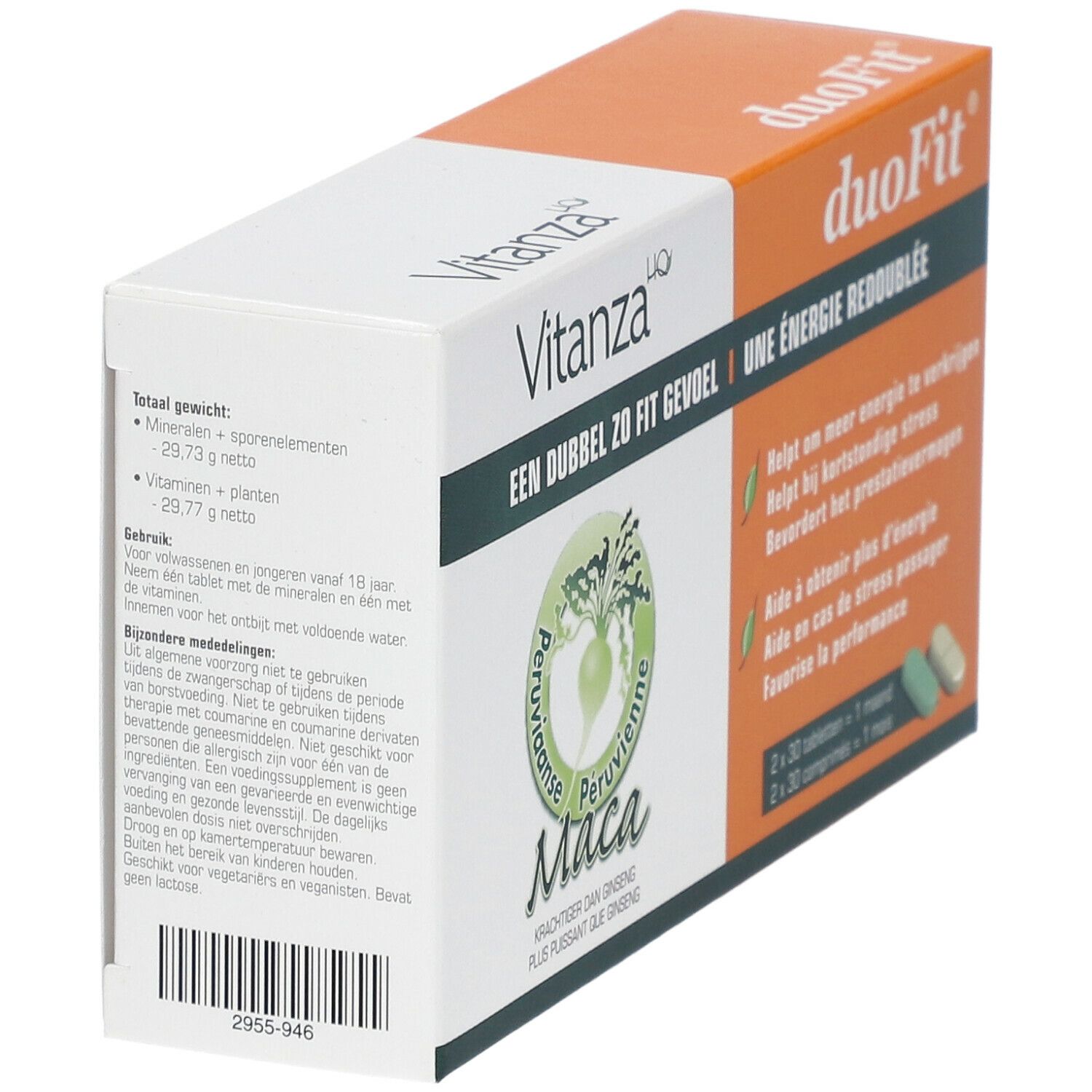 Emballage Vitanza HQ duoFit®. Contient des informations sur les minéraux, les vitamines et les plantes. Inscription: Maca.