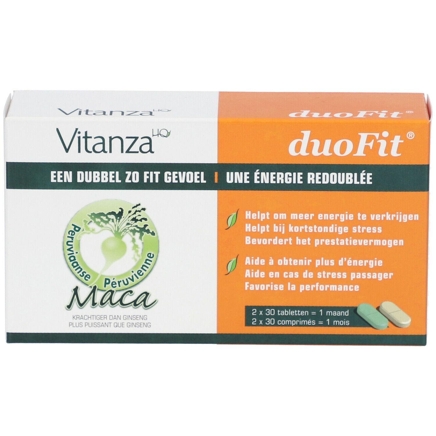 Boîte de Vitanza HQ duoFit®. Contient 2x30 comprimés. Inscription: Maca, une énergie redoublée.