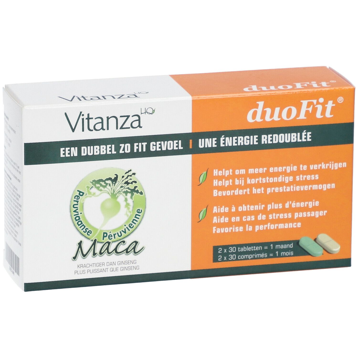 Boîte de Vitanza HQ duoFit®. Contient 2x30 comprimés. Inscription: Maca, une énergie redoublée.