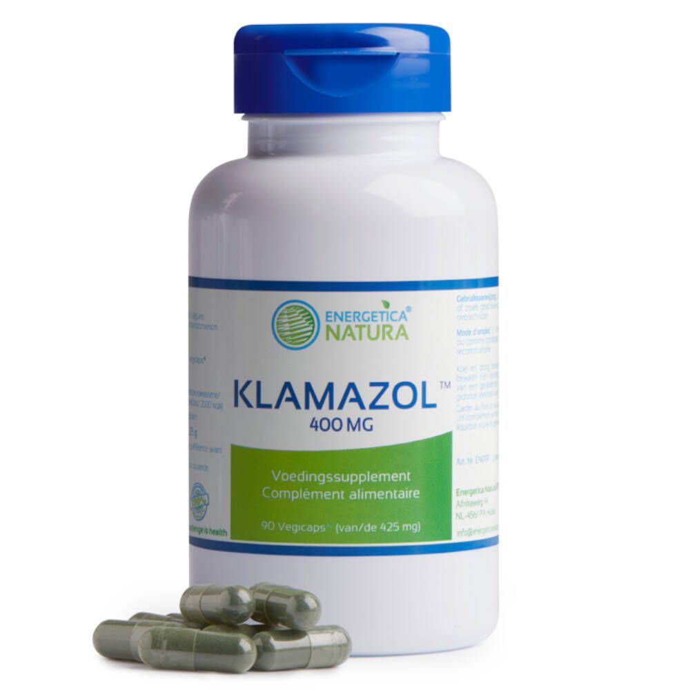 Flacon blanc avec bouchon bleu et gélules à côté. Inscription Klamazol 400 mg. Étiquette verte et blanche.