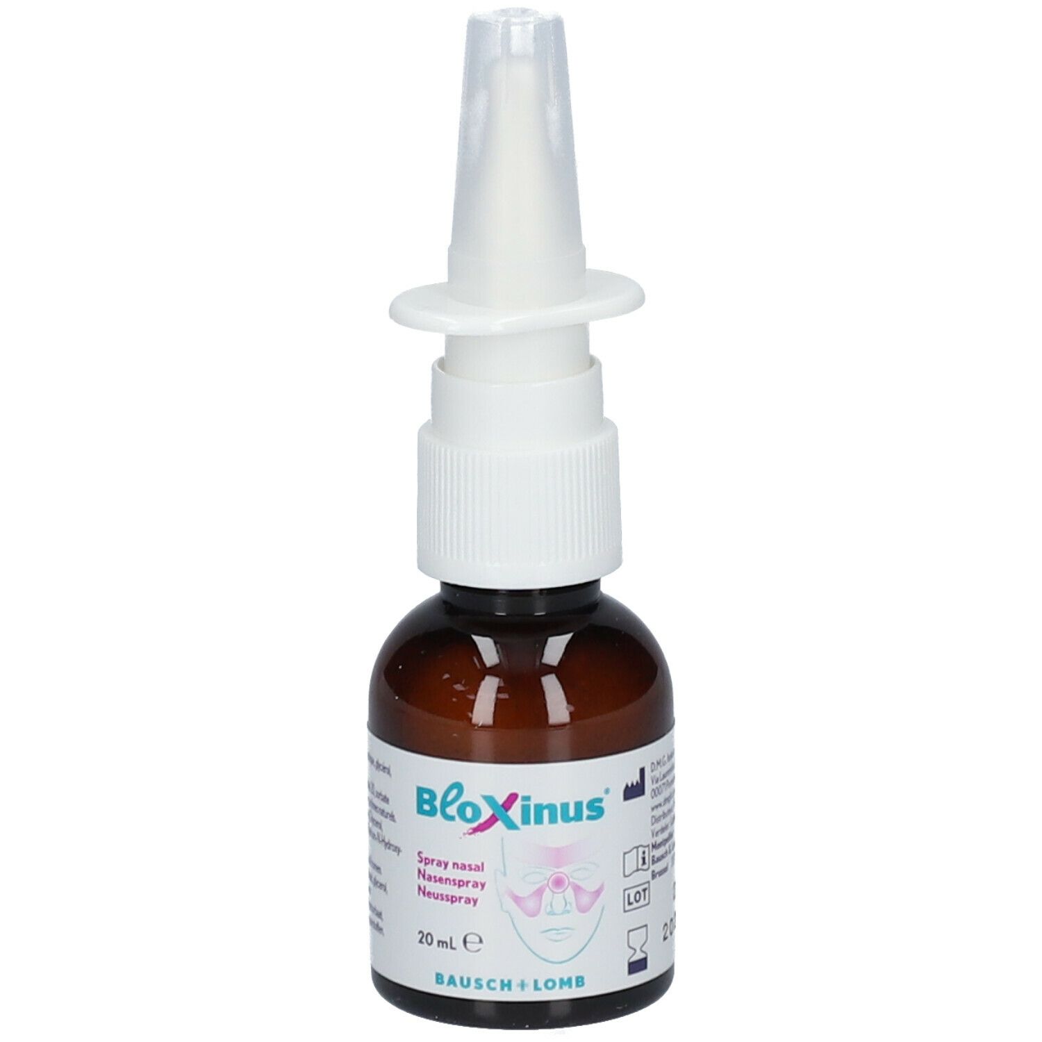 Bruine glazen fles met witte spraykop. Opschrift: BloXinus, neusspray, 20 ml, Bausch + Lomb.