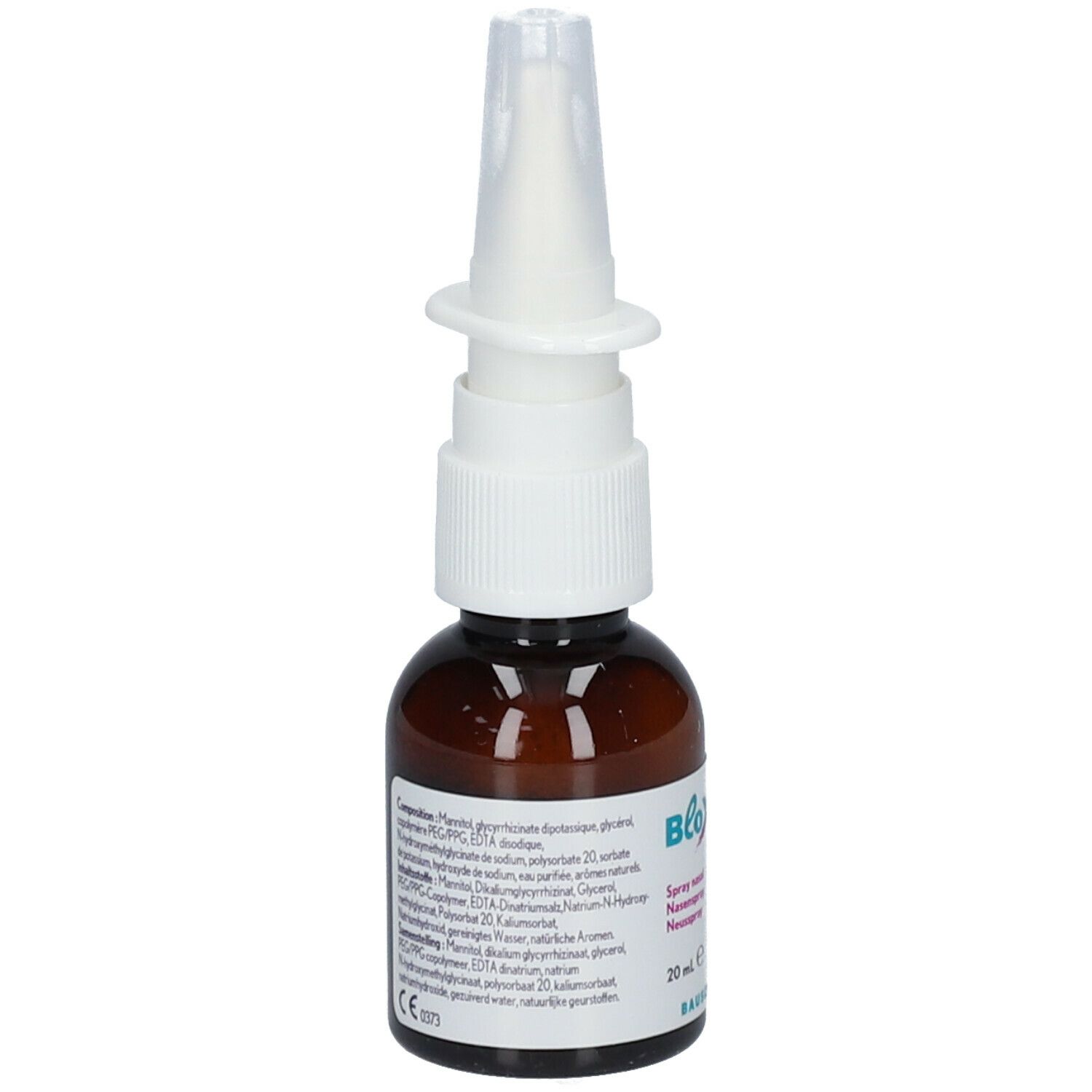 Bruine glazen fles met witte spraykop. Opschrift: BloXinus, neusspray, 20 ml, ingrediënten.