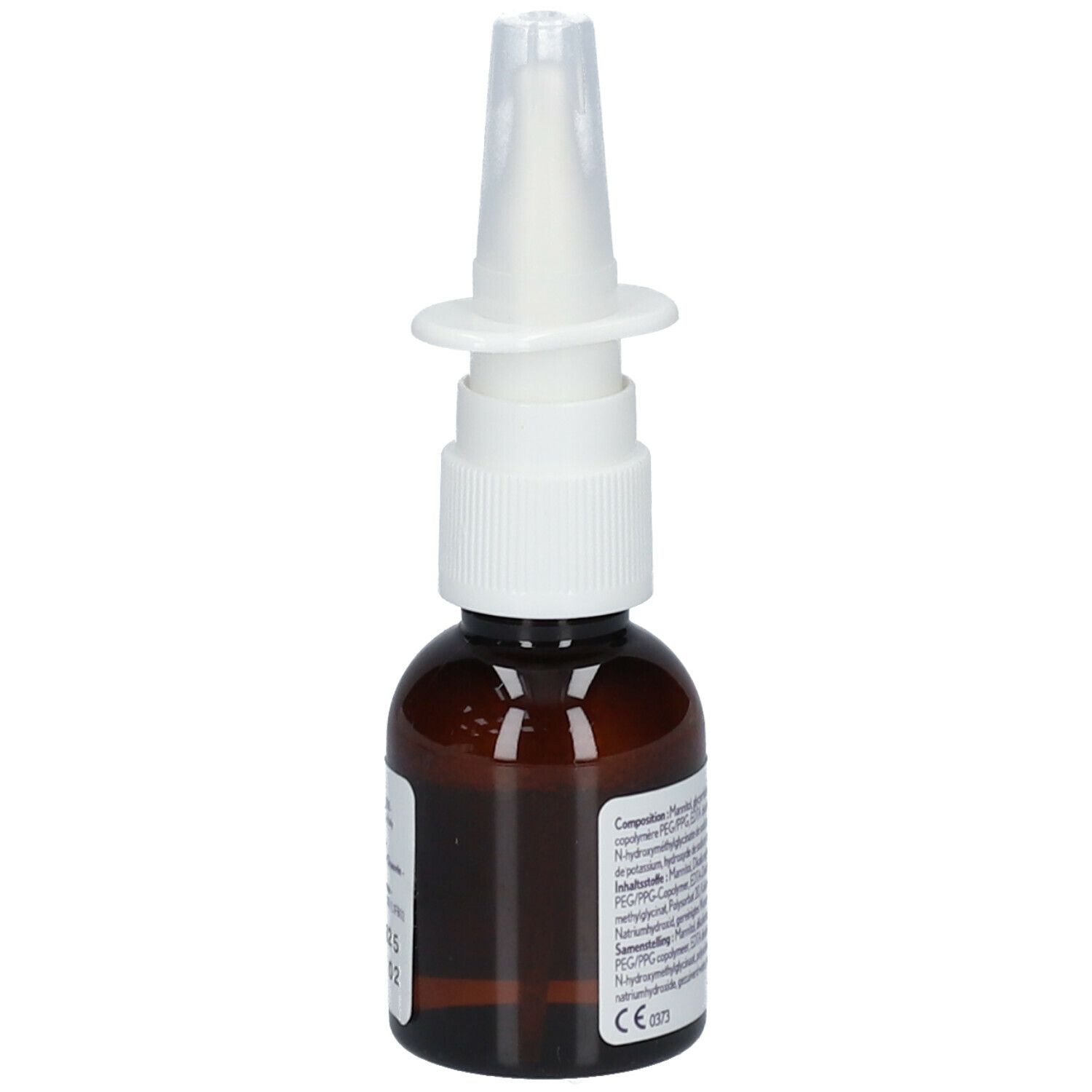 Bruine glazen fles met witte spraykop. Opschrift: BloXinus, neusspray, 20 ml, ingrediënten.