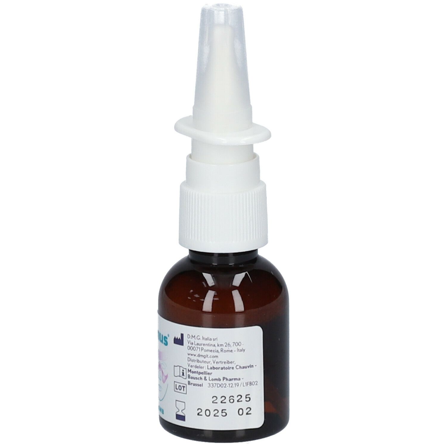 Bruine glazen fles met witte spraykop. Opschrift: BloXinus, neusspray, 20 ml, lotnummer, vervaldatum.