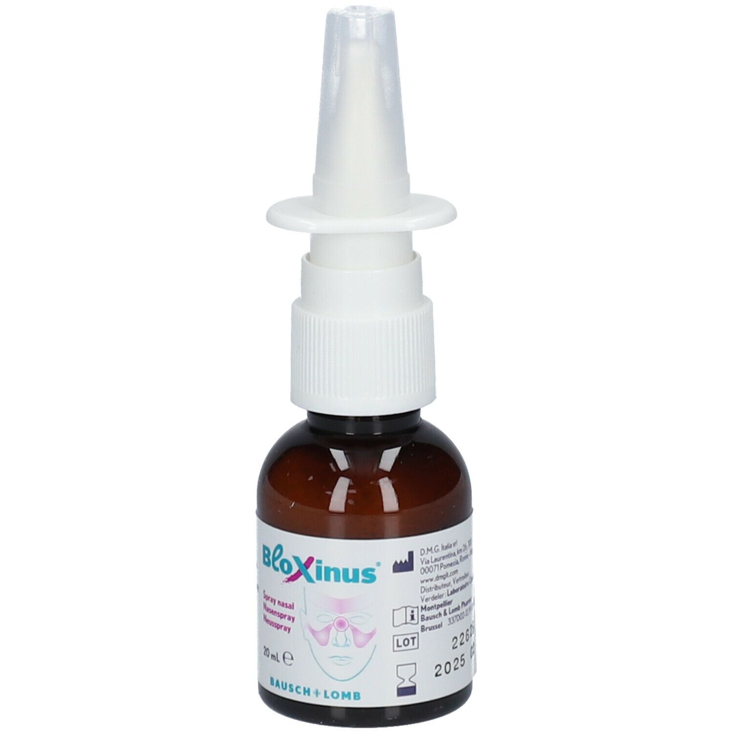 Bruine glazen fles met witte spraykop. Opschrift: BloXinus, neusspray, 20 ml, Bausch + Lomb.