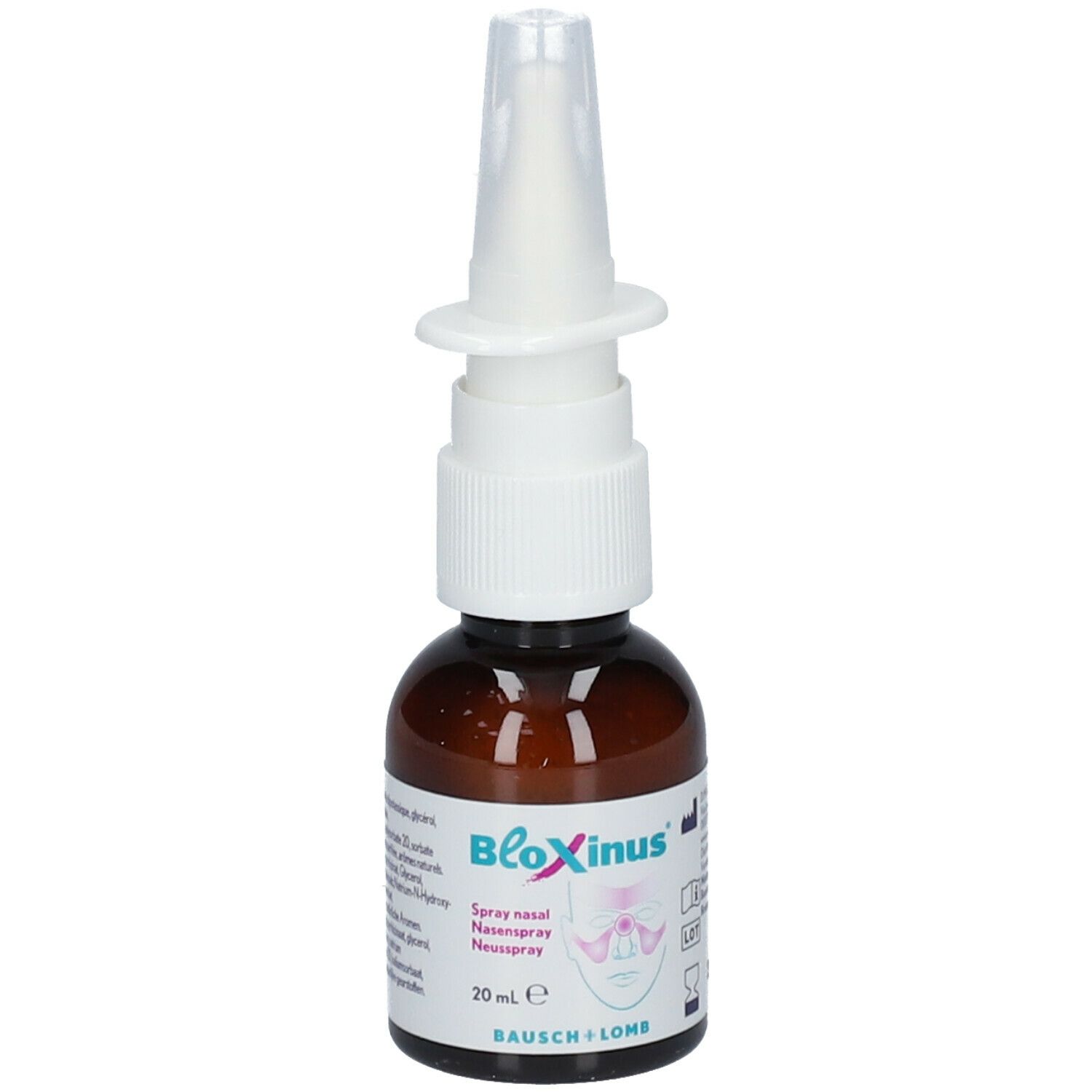 Bruine glazen fles met witte spraykop. Opschrift: BloXinus, neusspray, 20 ml, Bausch + Lomb.