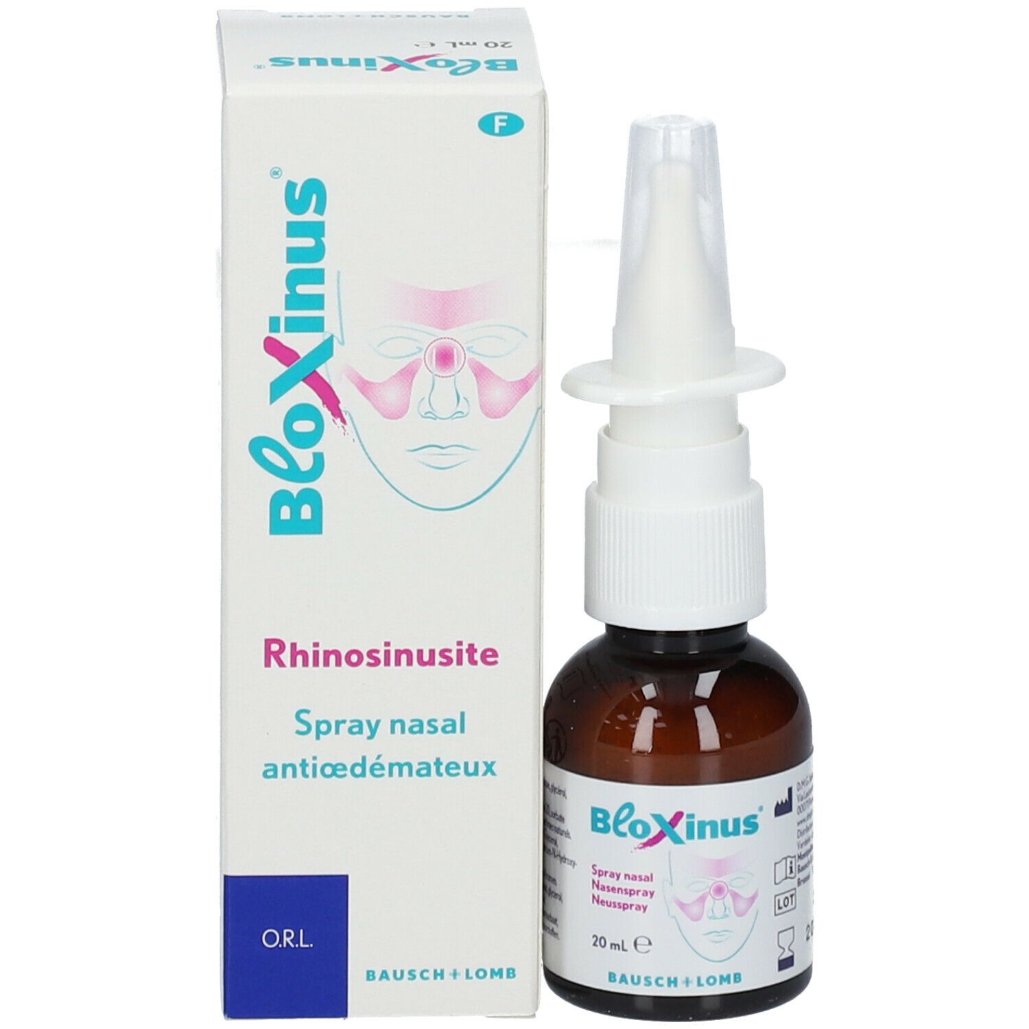 Productverpakking en fles. Verpakking: wit, blauw, roze. Opschrift: BloXinus, Rhinossinusite, neusspray.