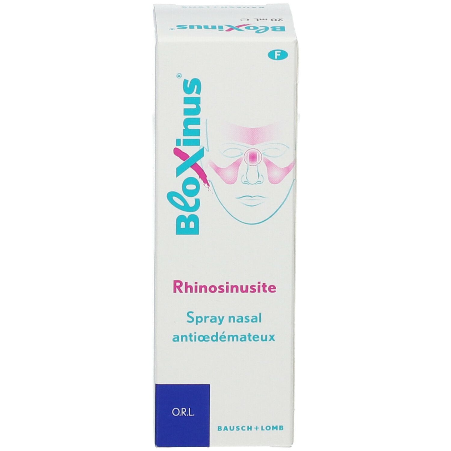 Productverpakking. Wit, blauw, roze. Opschrift: BloXinus, Rhinossinusite, neusspray, anti-oedeem.