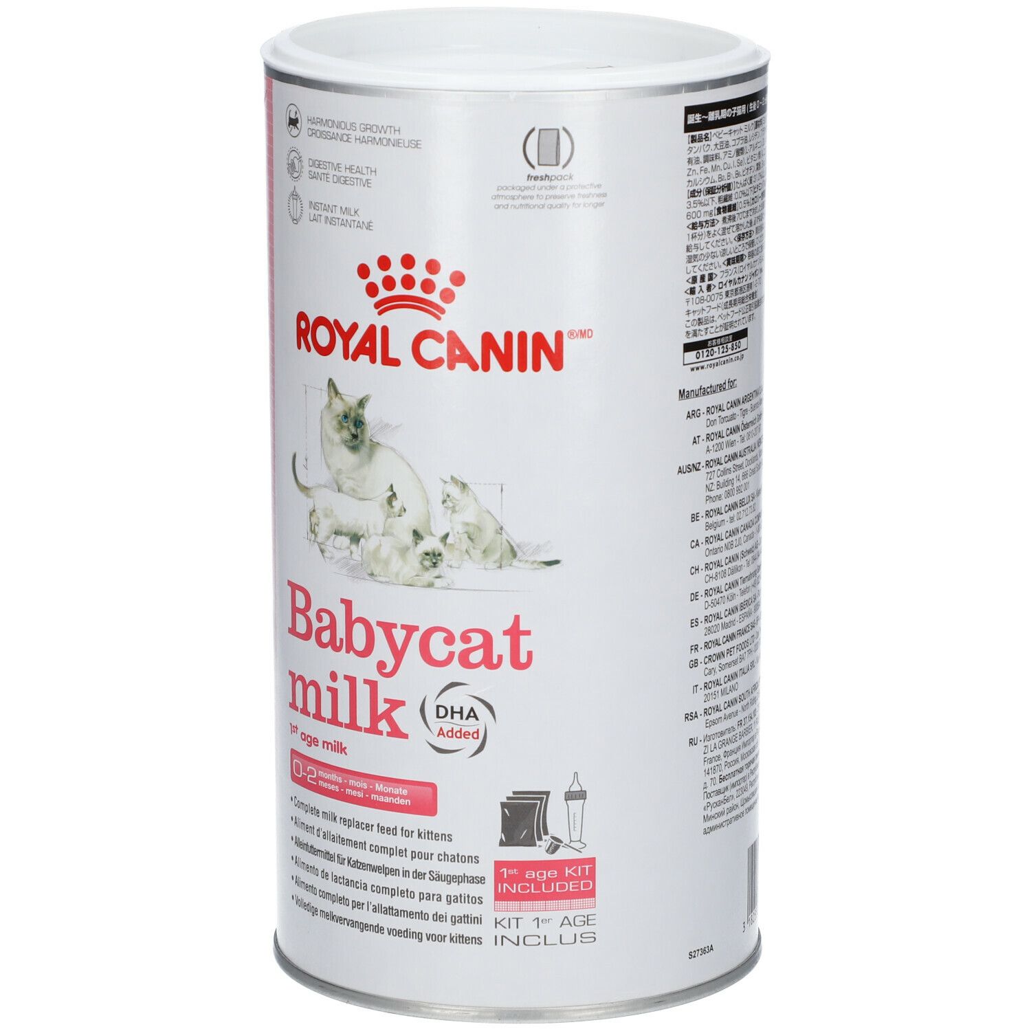 Boîte de lait Royal Canin Babycat. Face avant avec image de chatons, nom du produit et Kit 1er ÂGE INCLUS.