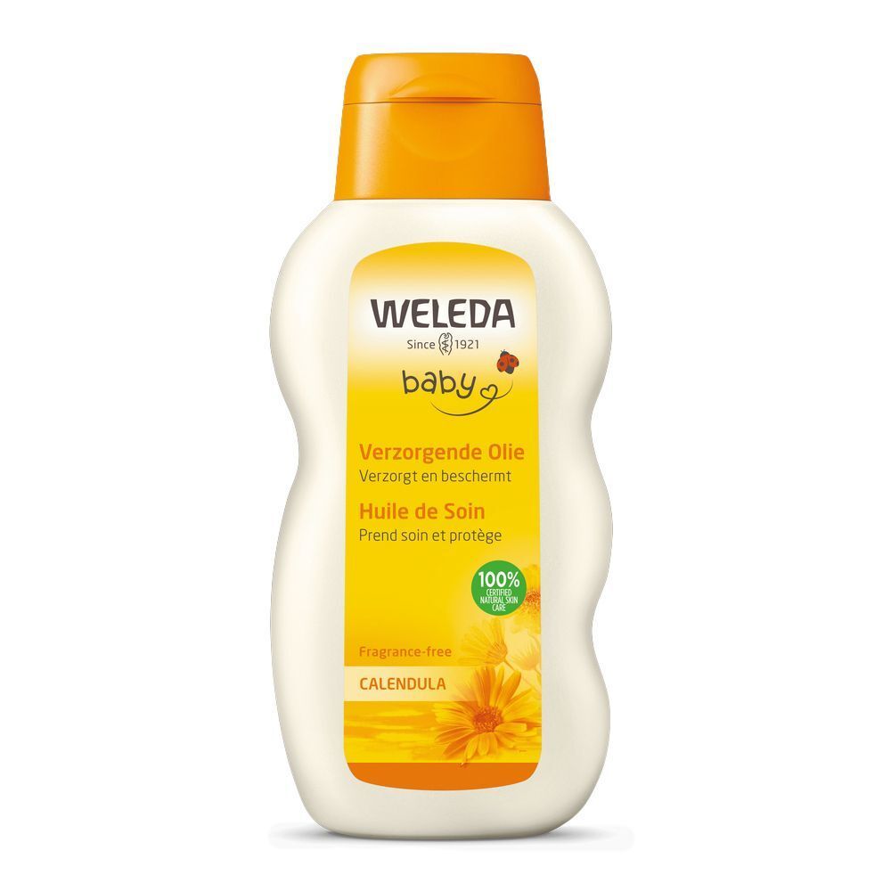 Weleda Baby olie fles met gele dop. Opschrift: Calendula, parfumvrij, 100% gecertificeerde natuurlijke cosmetica.