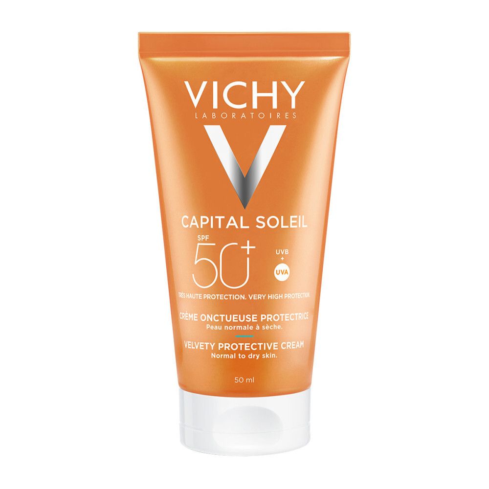 Oranje tube met witte dop. Vichy logo en productnaam. Tekst: Capital Soleil, SPF 50+.