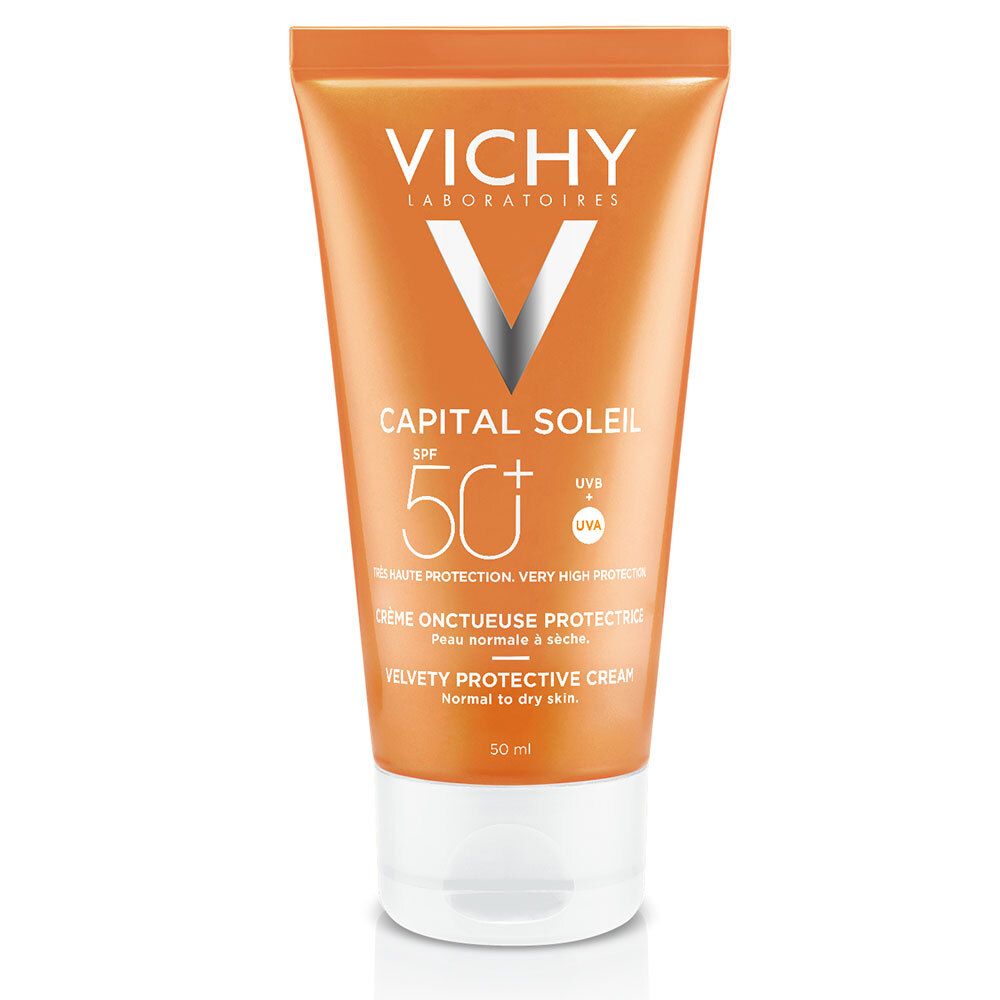 Orange Tube mit weißem Deckel. Vichy Logo und Produktbezeichnung. Text: Capital Soleil, SPF 50+.
