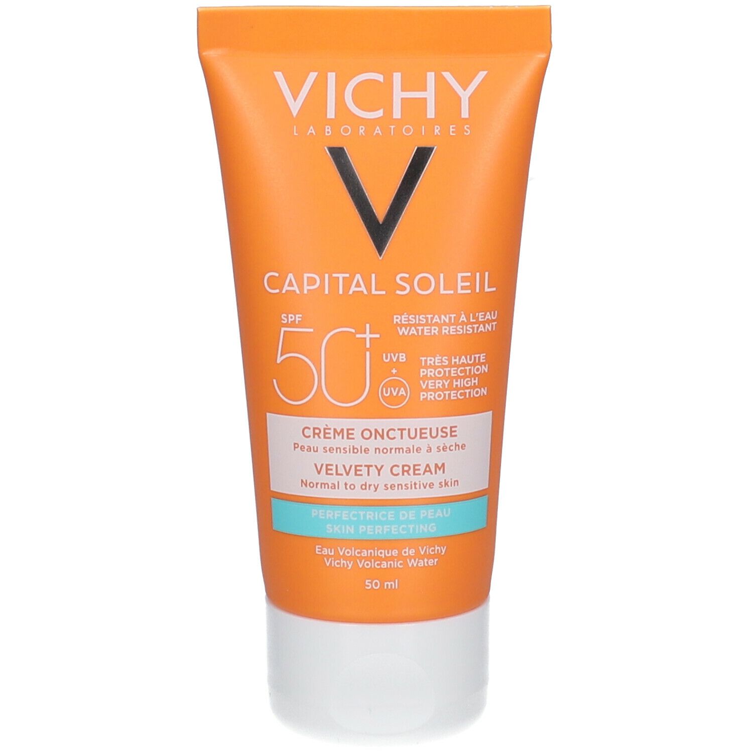 Orange Tube mit weißem Deckel. Vichy Logo und Produktbezeichnung. Text: Capital Soleil, SPF 50+.