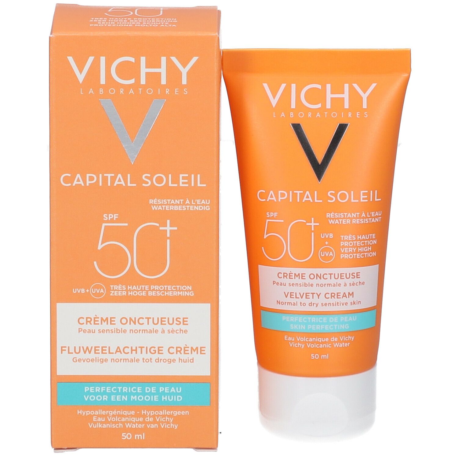 Produkt und Verpackung nebeneinander. Vichy Logo und Produktbezeichnung. Text: Capital Soleil, SPF 50+.