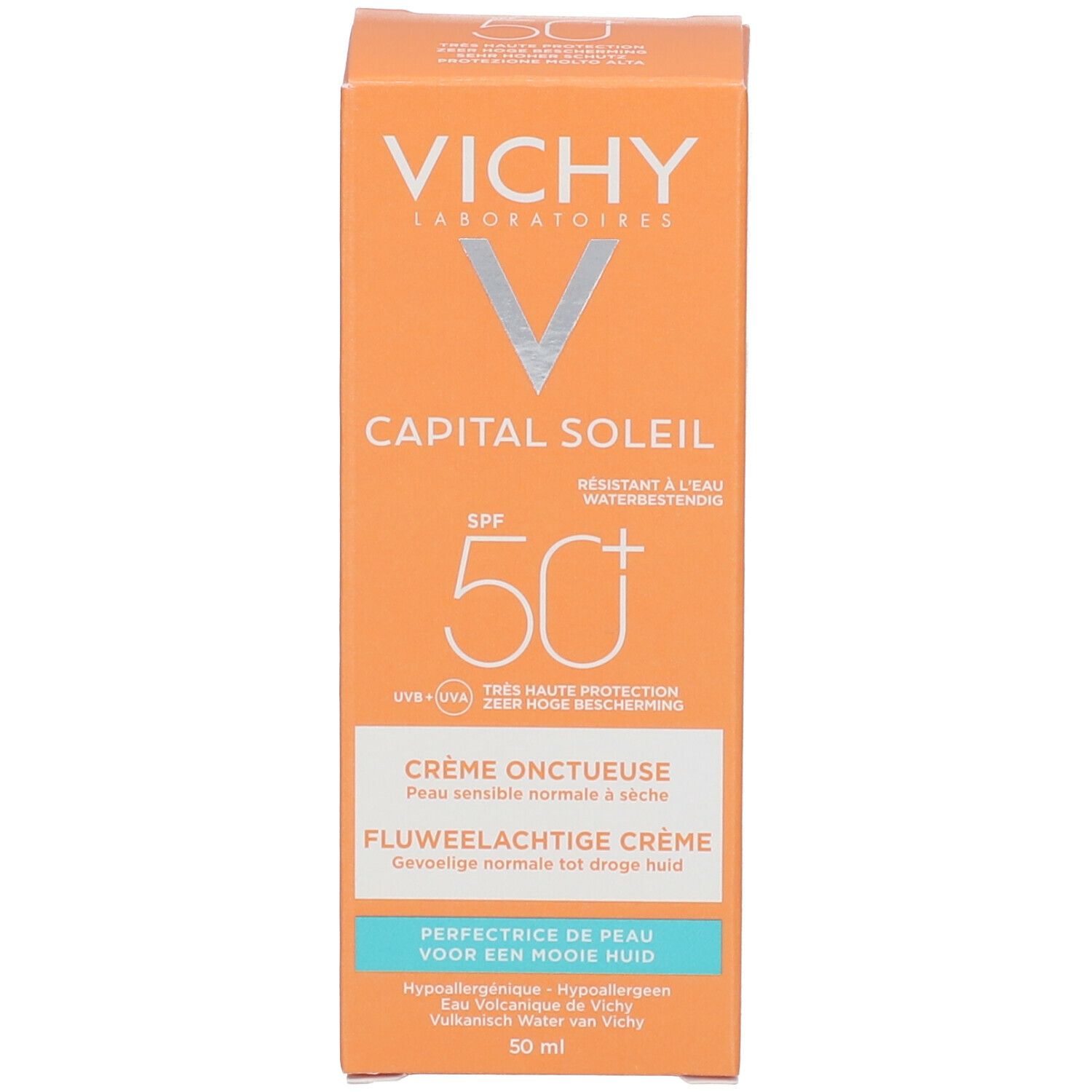 Verpackung. Vichy Logo und Produktbezeichnung. Text: Capital Soleil, SPF 50+. Creme.