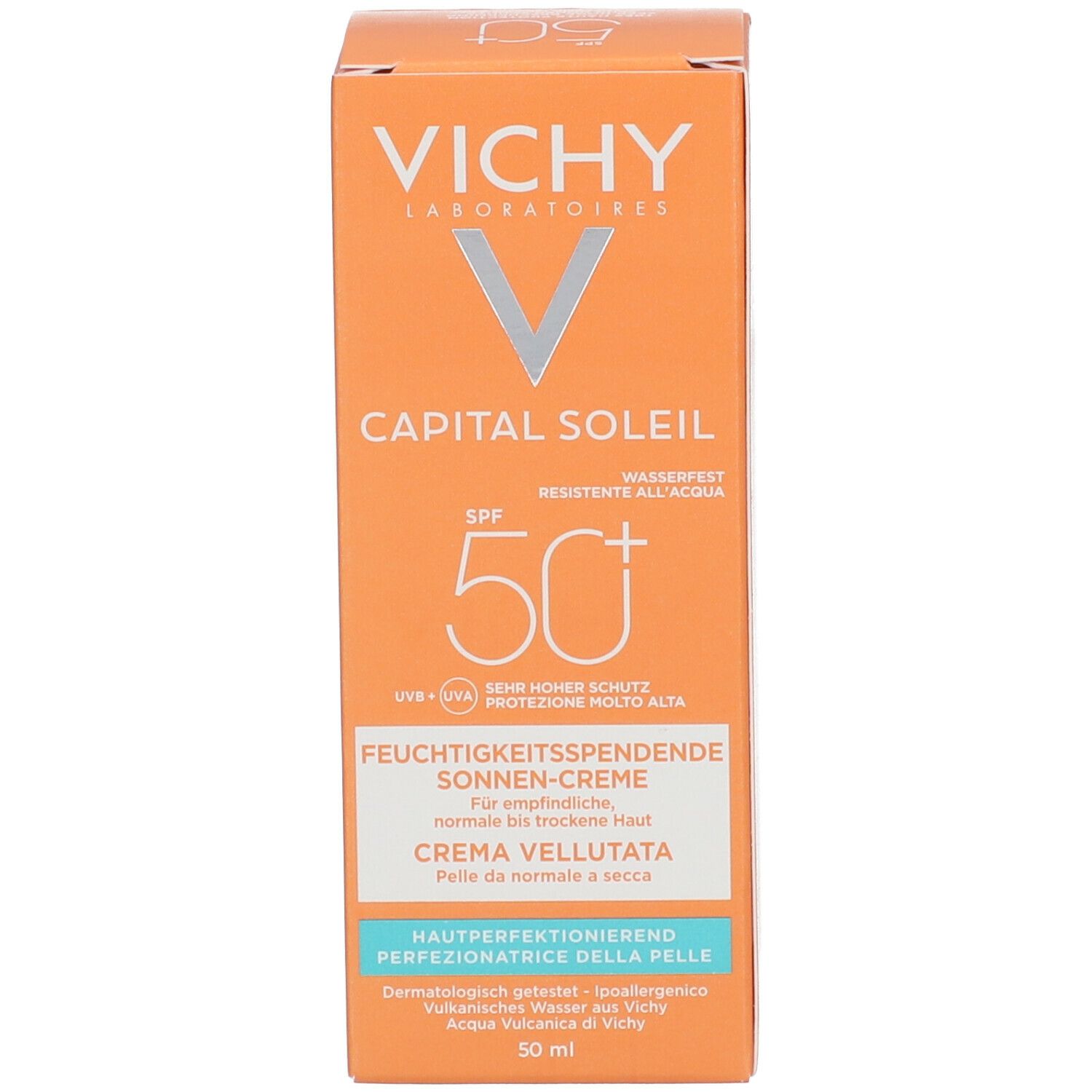 Verpackung. Vichy Logo und Produktbezeichnung. Text: Capital Soleil, SPF 50+. Creme.
