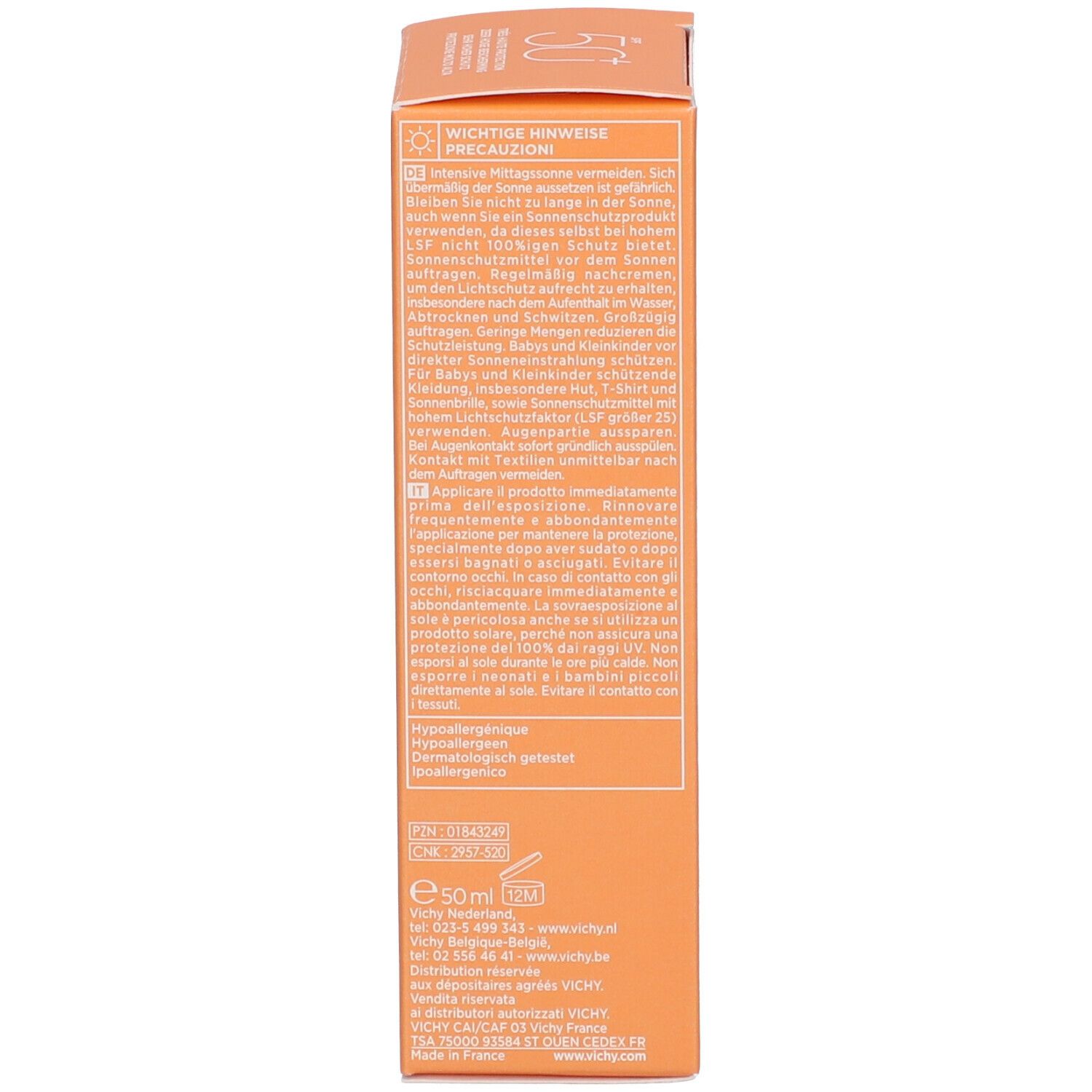 Rückseite der Verpackung. Text in mehreren Sprachen. Informationen zum Produkt und Hersteller.